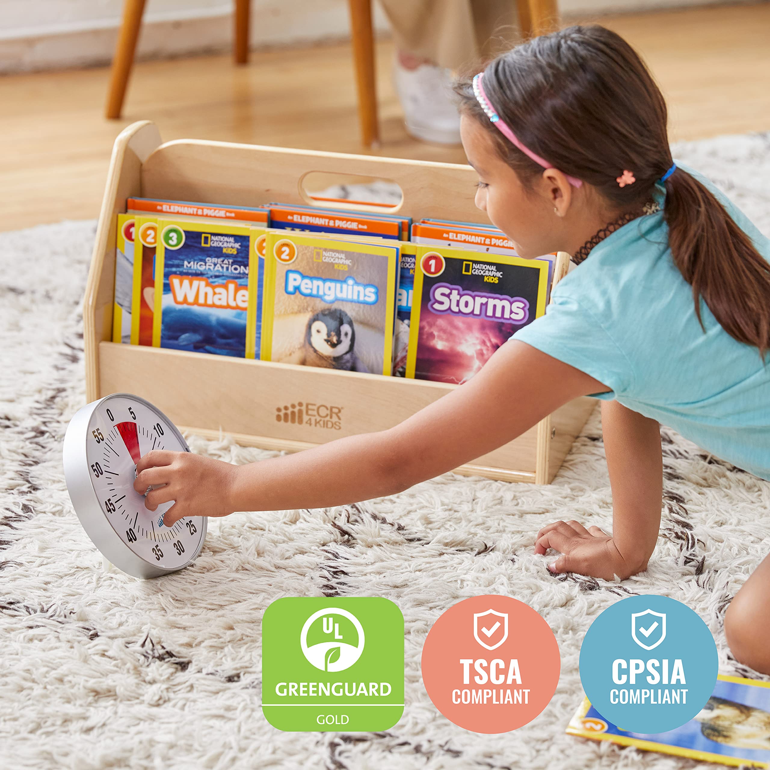 ECR4Kids Double-Sided Book Storage Caddy with Built-in Timer - Portable Classroom & Home Library Organizer - Natural Wooden Bookshelf for Kids Reading Corner & Teacher Supplies