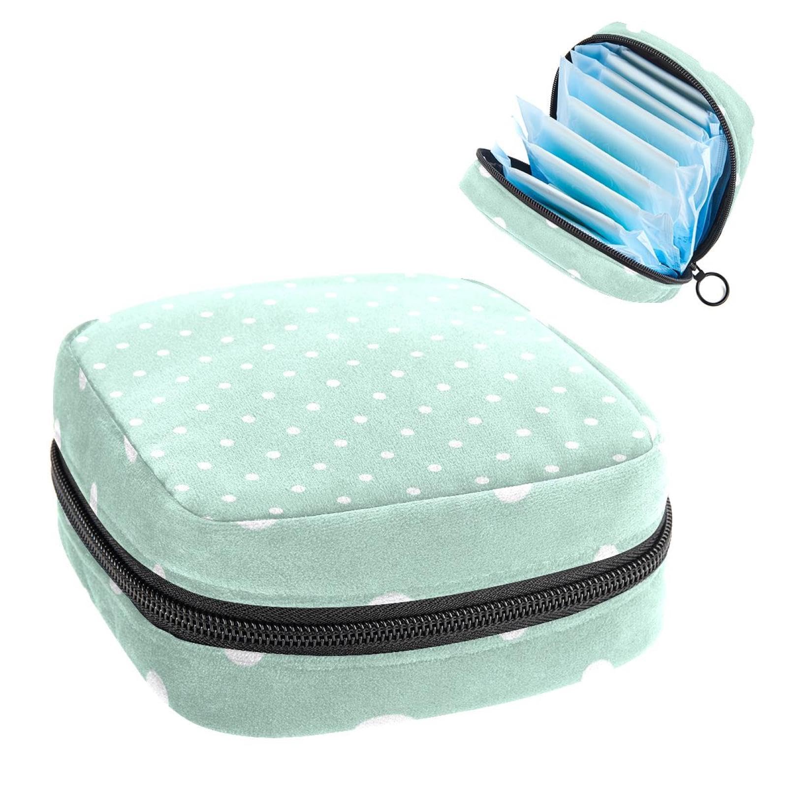 Sanitary Pad Organizer Bag - Reusable Menstrual Cup Pouch & Feminine Hygiene Storage Case for Women & Girls - Mint Green with White Polka Dots - Perfect for Travel, Gym, and School Essentials