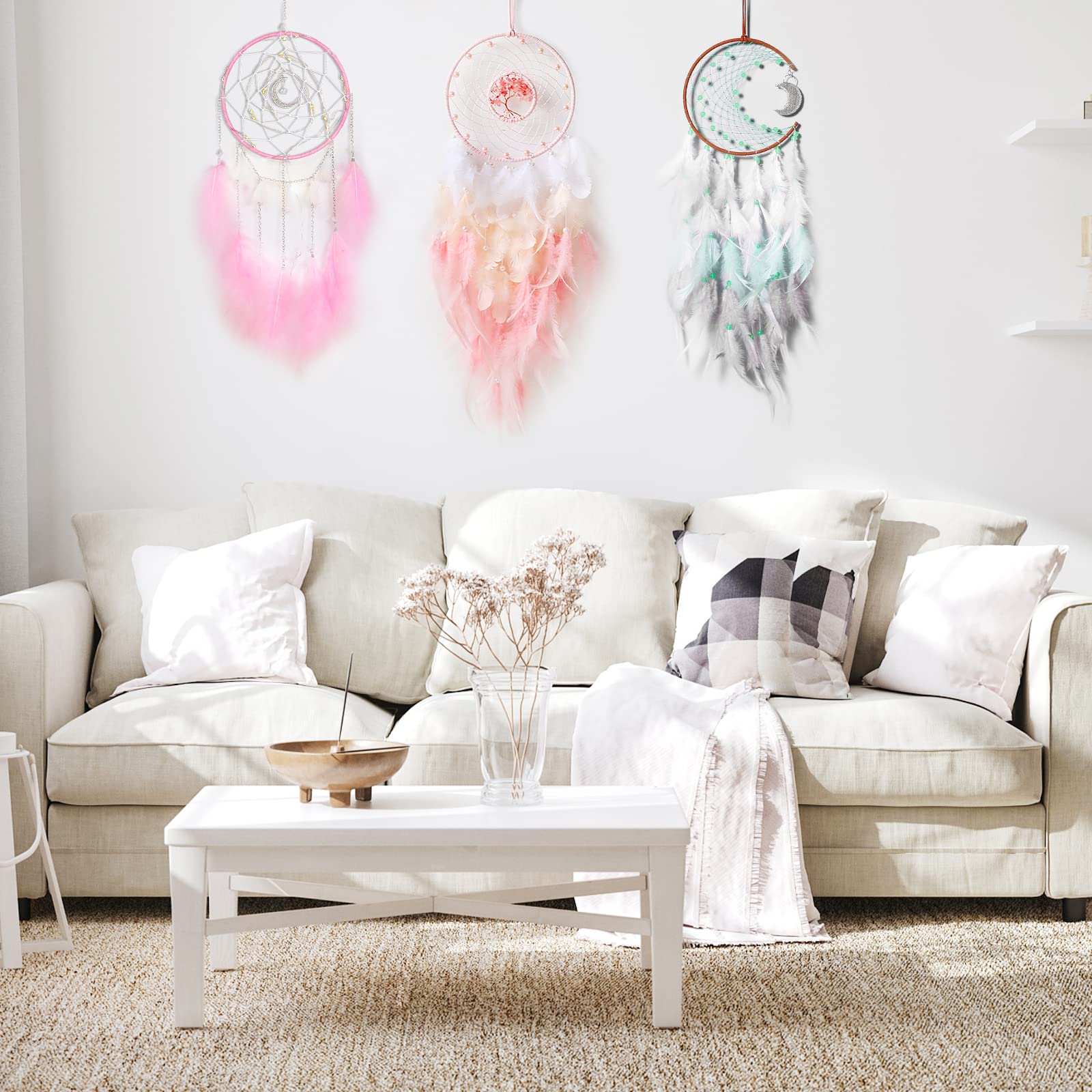 Handmade Grey Dream Catchers with Feathers & Lights - Boho Nursery Wall Decor for Girls & Boys, Bedroom Ornament Craft Gift | Perfect for Baby Rooms, Kids' Bedrooms & Home Decoration