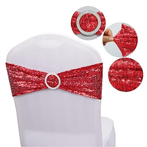 50pcs Red Sequin Chair Sashes - Stretch Spandex Chair Bands with Buckle for Wedding, Banquet, Birthday, Graduation, Anniversary & Prom Decorations - Perfect for Party Chair Decor and Celebration Events