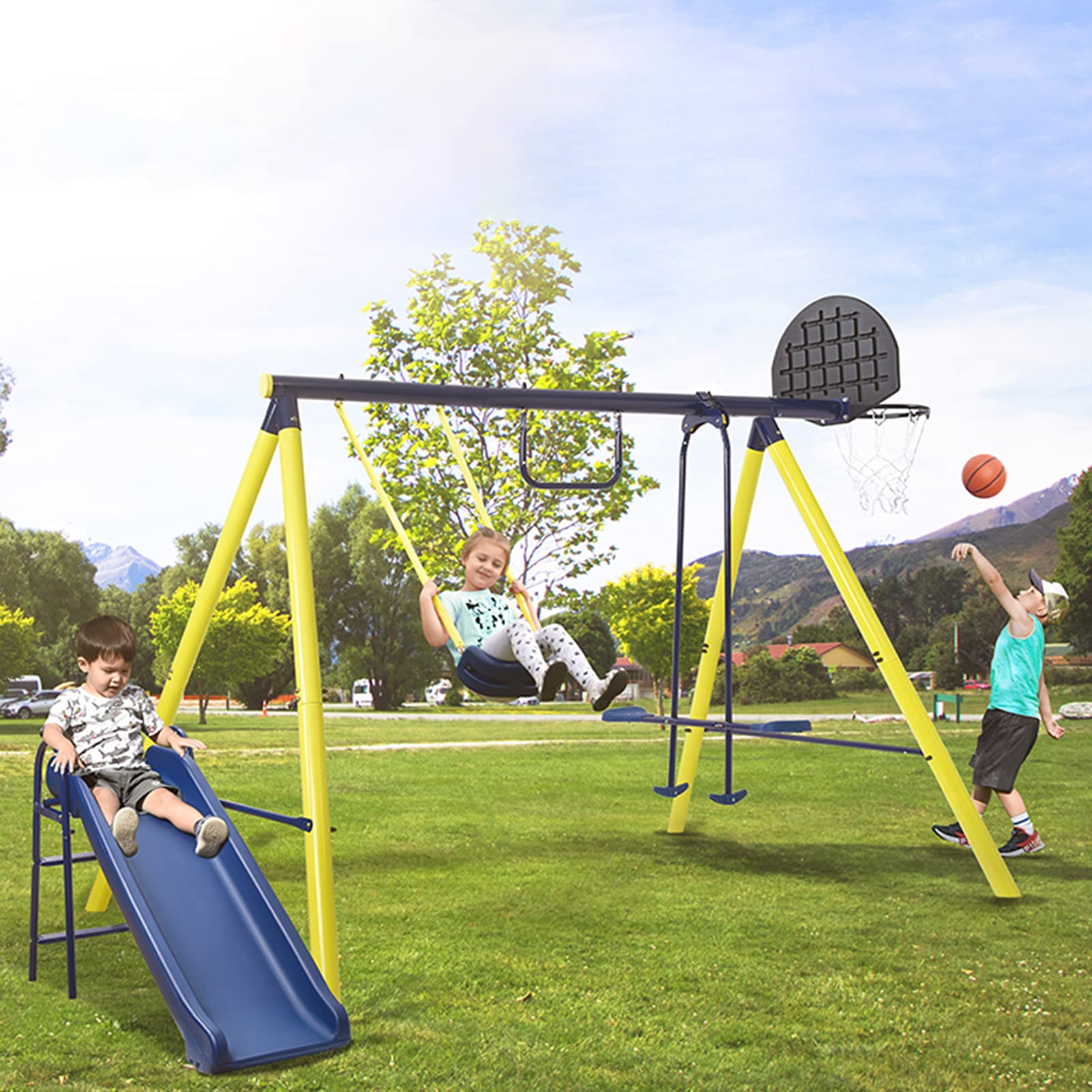 5-in-1 Outdoor Kids Swing Set with Single Swing, Seesaw, Horizontal Bar, Slide & Basketball Hoop - Durable Metal Backyard Playset for Children (Yellow) | Perfect for Garden, Park & Outdoor Family Fun Activities