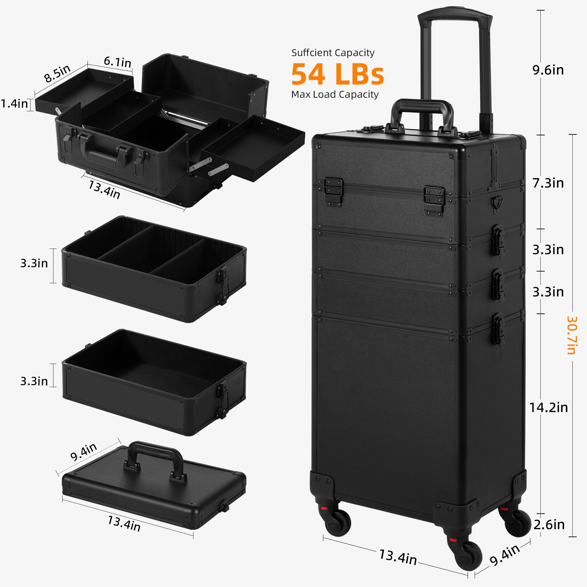 Professional Rolling Makeup Case with Lid - 5-in-1 Cosmetic Organizer on Wheels for Salon, Barber & Travel | Large Black Train Case for Makeup Artists | Perfect Christmas Gift for Beauty Professionals