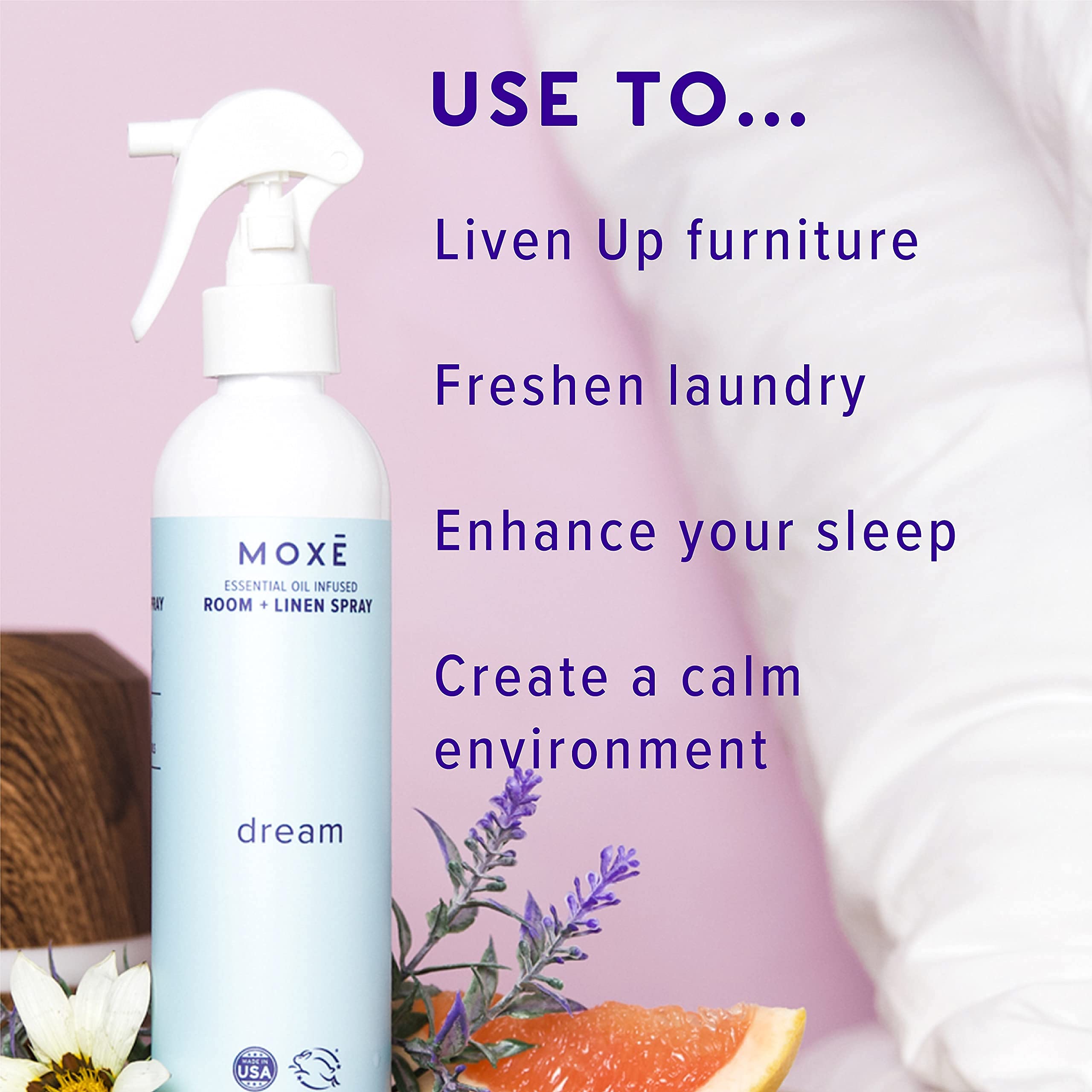MOXE Dream Linen & Room Spray - Natural Essential Oil Sleep Mist with Lavender, Chamomile & Lemongrass (8oz) | Aromatherapy for Bedding, Pillows & Home Relaxation | Perfect for Bedtime, Yoga & Stress Relief