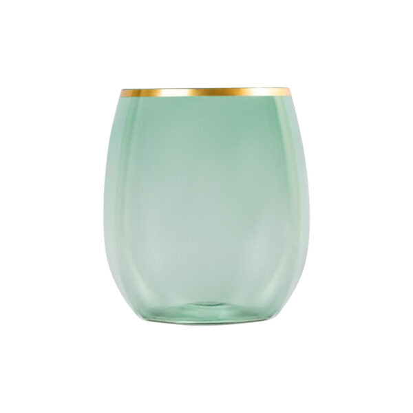 12 oz. Green Plastic Stemless Wine Goblets With Gold Rim - Set of 6 Shatterproof Cups for Outdoor Parties, Picnics, and Poolside Drinks