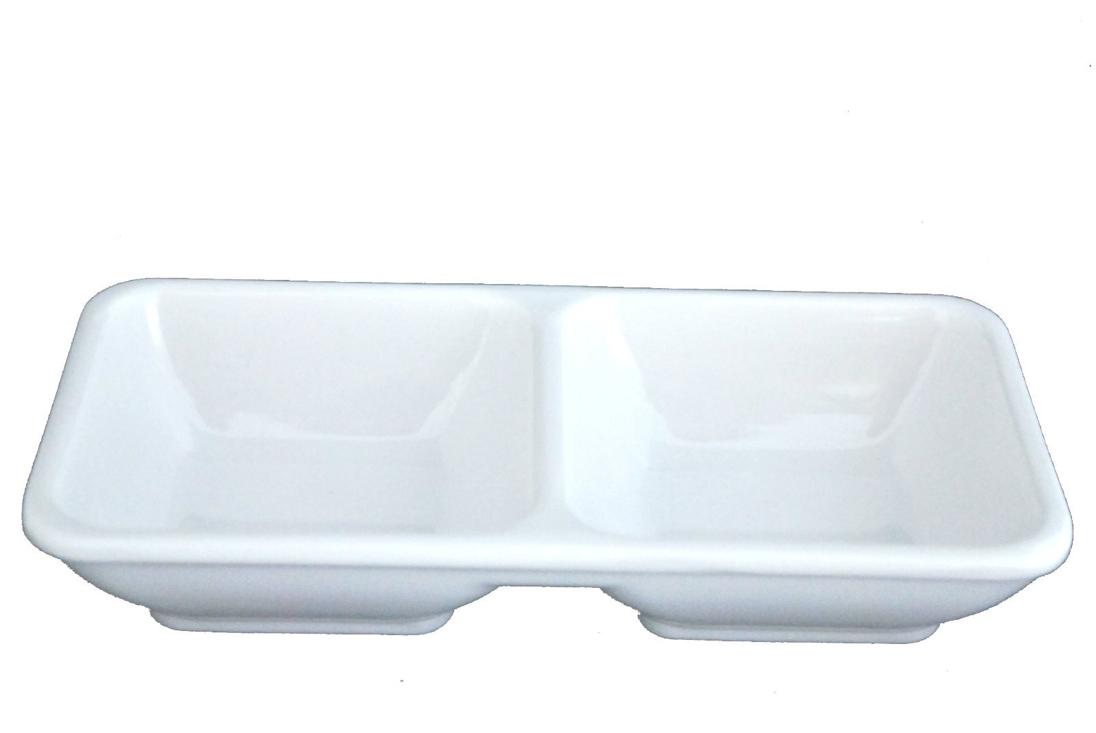 Melamine Rectangular Divided Plastic Dipping Plates - 2-Compartment Soy Sauce Dishes, White (144-Pack, 12 Dozen) - Perfect for Sushi Restaurants, Asian Cuisine & Party Serving Trays