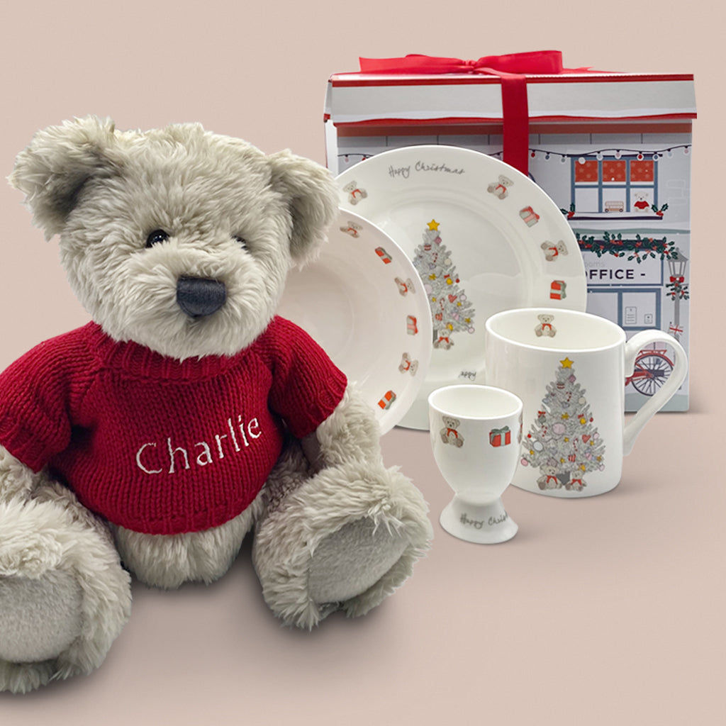 Personalized Berkeley Bear Christmas Morning Breakfast Set - Red Plaid Design for Holiday Dining & Gift Giving - Perfect for Christmas Breakfast, Brunch, and Festive Family Gatherings