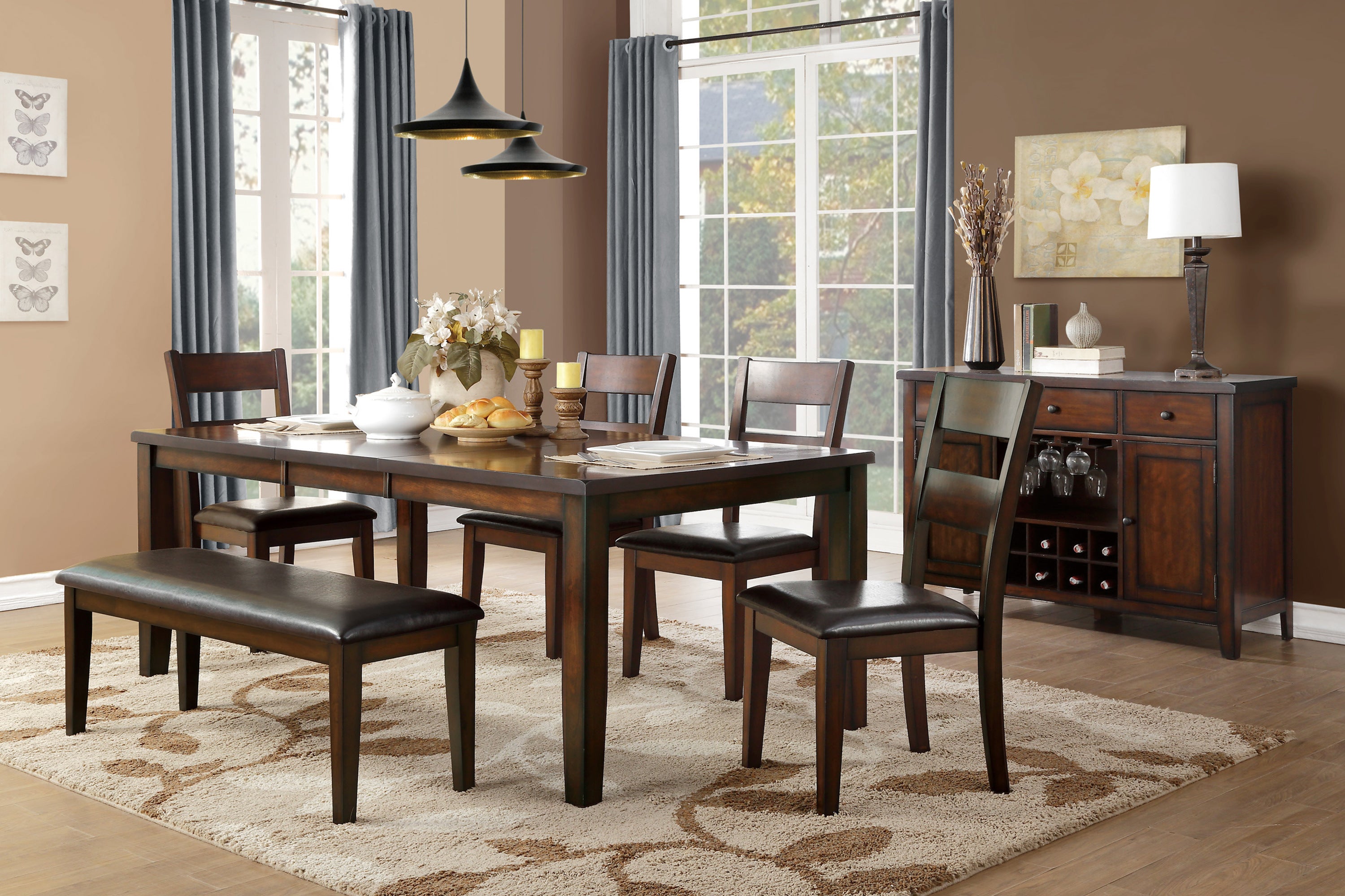 Set of 2 Cherry Finish Transitional Dining Chairs - Mango Wood Veneer with Faux Leather Upholstery | Classic Style Side Chairs for Dining Room, Kitchen, or Home Office