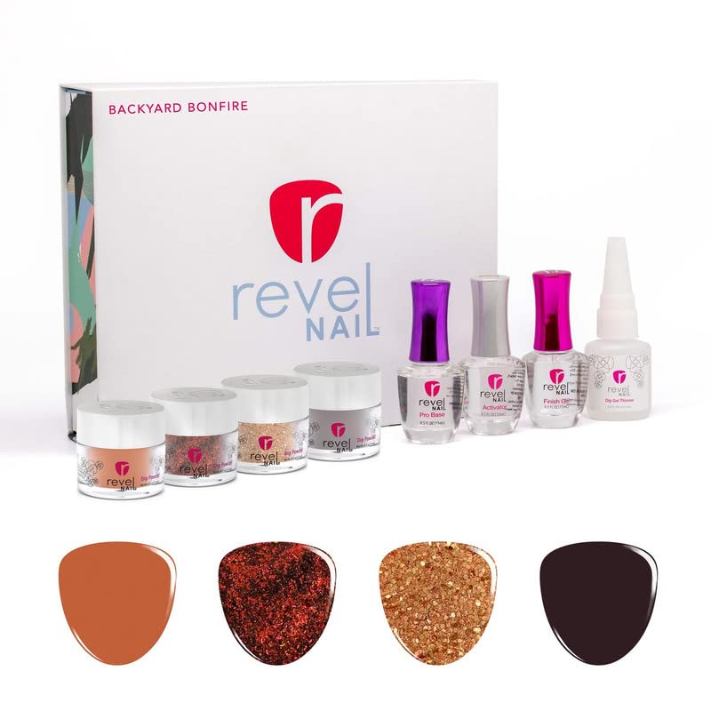 Revel Nail Dip Powder Starter Kit - 4 Premium Colors, French Manicure Dipping Powder Set with Base & Top Coat - Professional Nail Polish Alternative - Backyard Bonfire - Made in USA - Perfect for Home Manicures & Salon Use