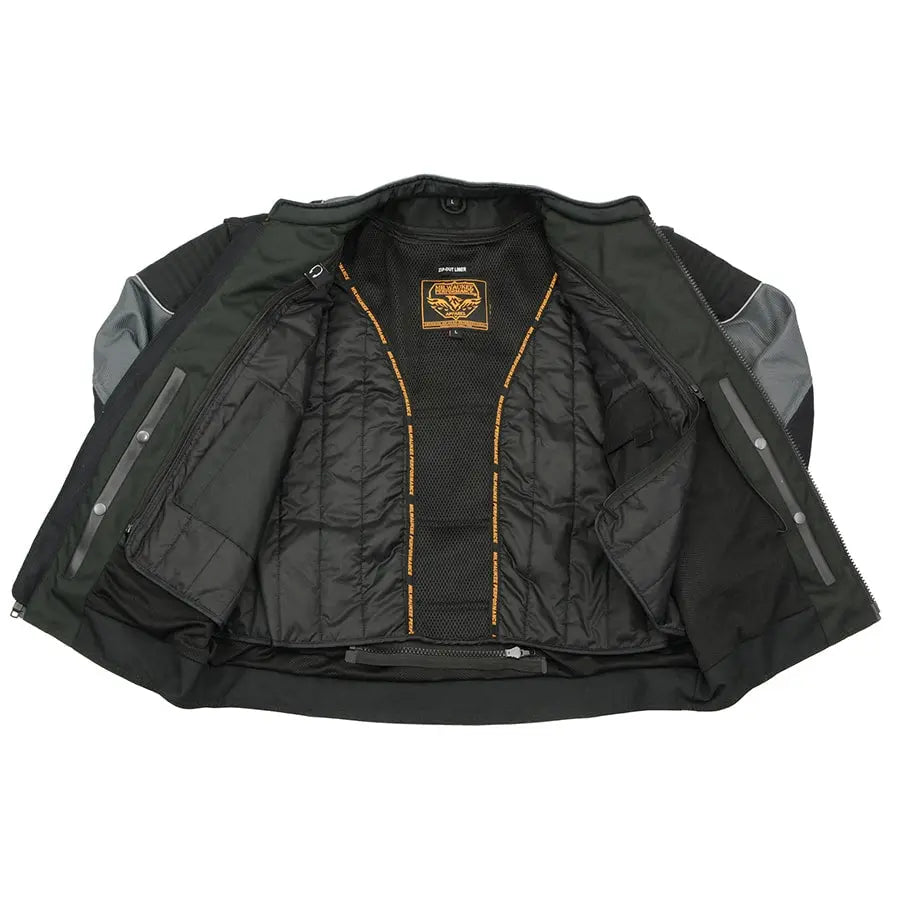 First MFG Co. Men's Black & Grey Mesh Armored Racing Jacket with Reflective Racing Stripes - Lightweight Motorcycle Gear for Street & Track Riding