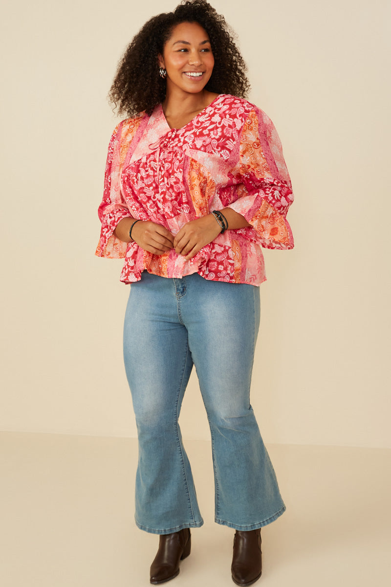 Stylish Print Blocked Cinch Sleeve Baby Doll Top for Women | Trendy Flowy Blouse for Casual Wear, Date Night & Summer Outfits