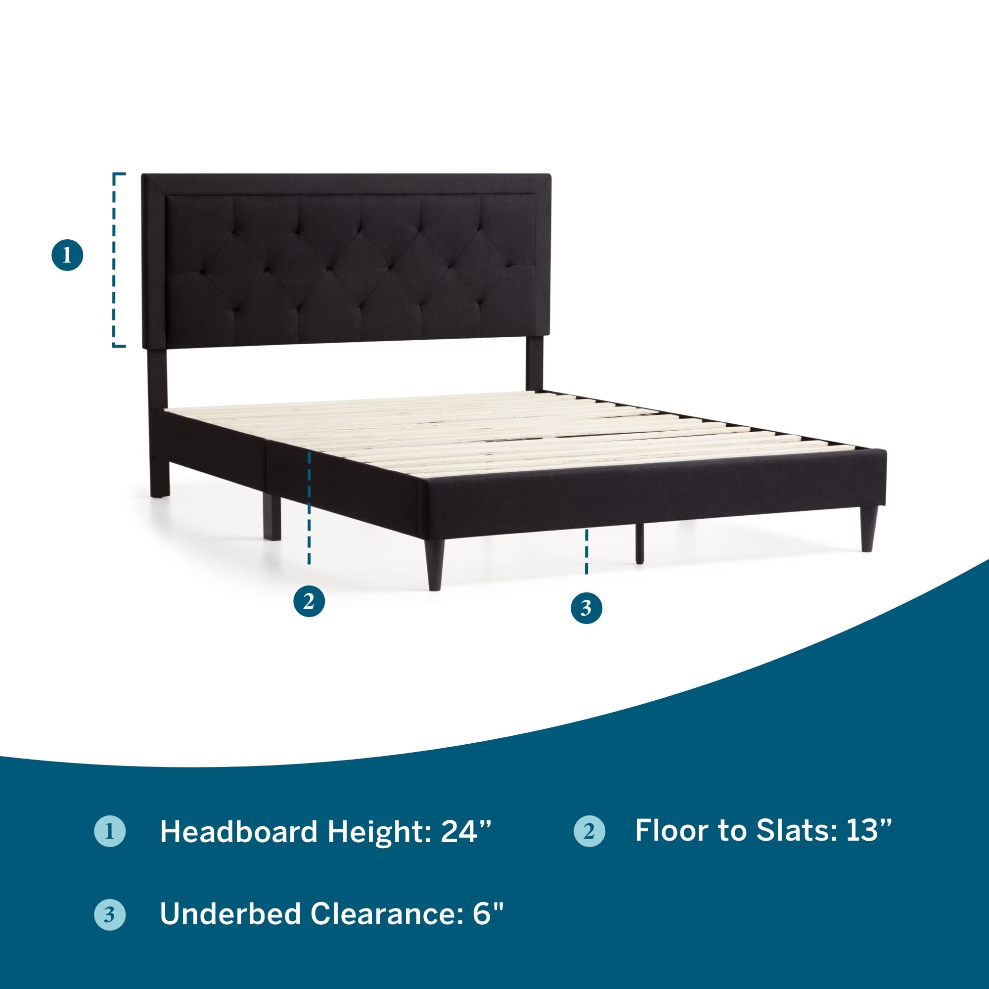 LUCID Full Size Upholstered Platform Bed Frame with Headboard - No Box Spring Needed - Charcoal Grey - Modern Bedroom Furniture for Small Spaces & Guest Rooms