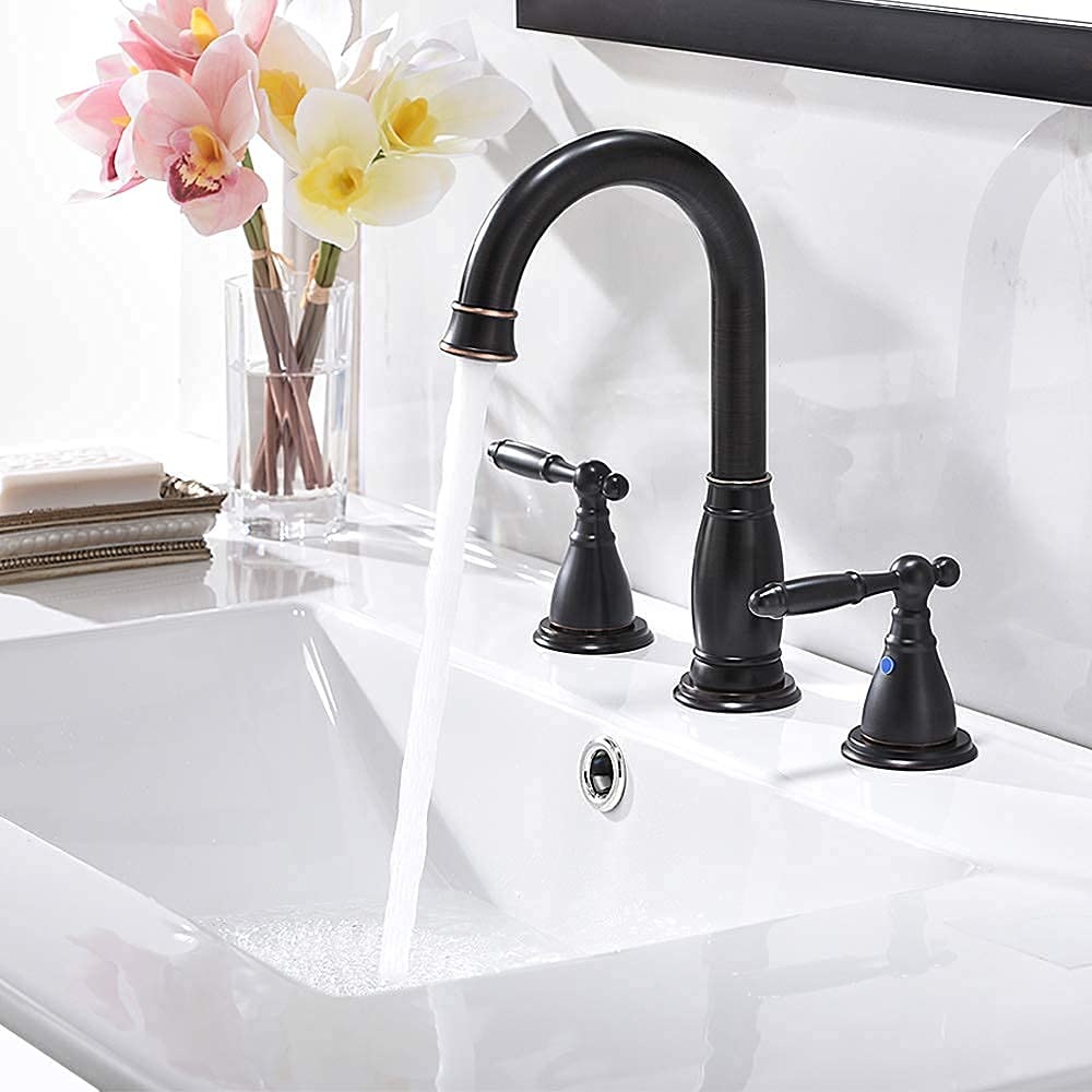8 Inch 3 Hole Widespread Bathroom Faucet with Metal Pop Up Drain - Modern Matte Black Lavatory Sink Faucet by PHIESTINA | Perfect for Bathroom Renovation & Vanity Upgrade