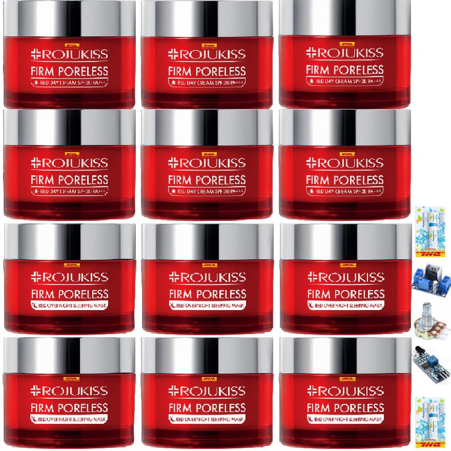 12-Piece 45ml/Box Rojukiss Firming & Poreless Red Day Cream & Overnight Sleeping Mask Set - Moisturizing & Nourishing for Smooth Skin | D675 by Thaigiftshop [Free Tomato Facial Mask Included] | Perfect for Daily Skincare & Nighttime Hydration