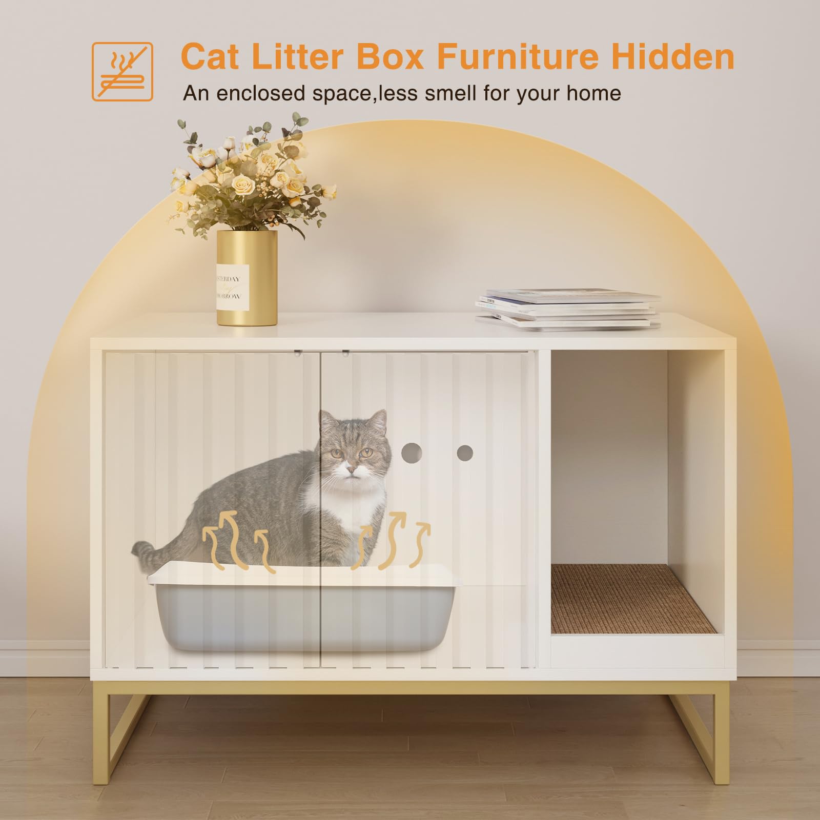 Modern Cat Litter Box Enclosure Furniture - Hidden Litter Box with Scratch Pad, Washroom House End Table & Entryway Bench for Living Room - White | Stylish Pet Furniture for Small Spaces & Home Decor