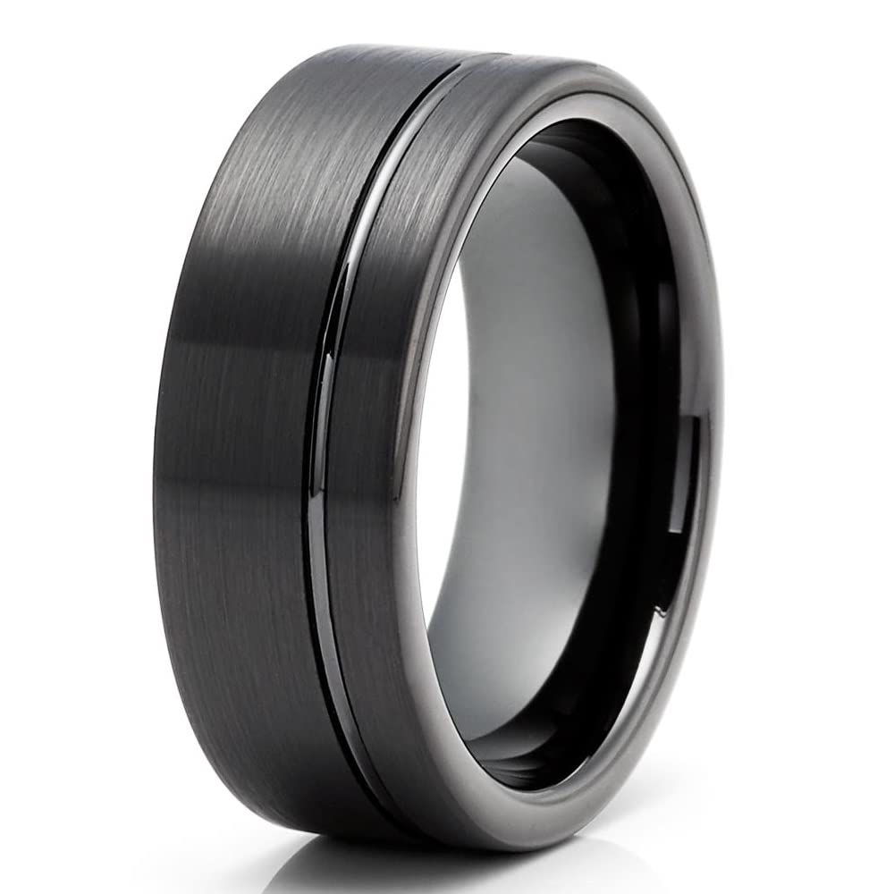 Black Tungsten Carbide Wedding Band for Men - 8mm Comfort Fit Ring with Offset Groove - Durable Anniversary & Engagement Ring - Perfect for Weddings, Proposals & Special Occasions