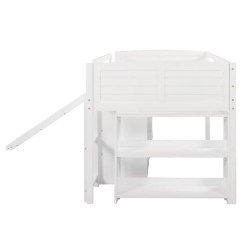 Twin Size Wood Loft Bed with Slide, Study Desk & Storage Cabinets - White | Space-Saving Kids Bedroom Furniture for Small Rooms & Dorm Rooms