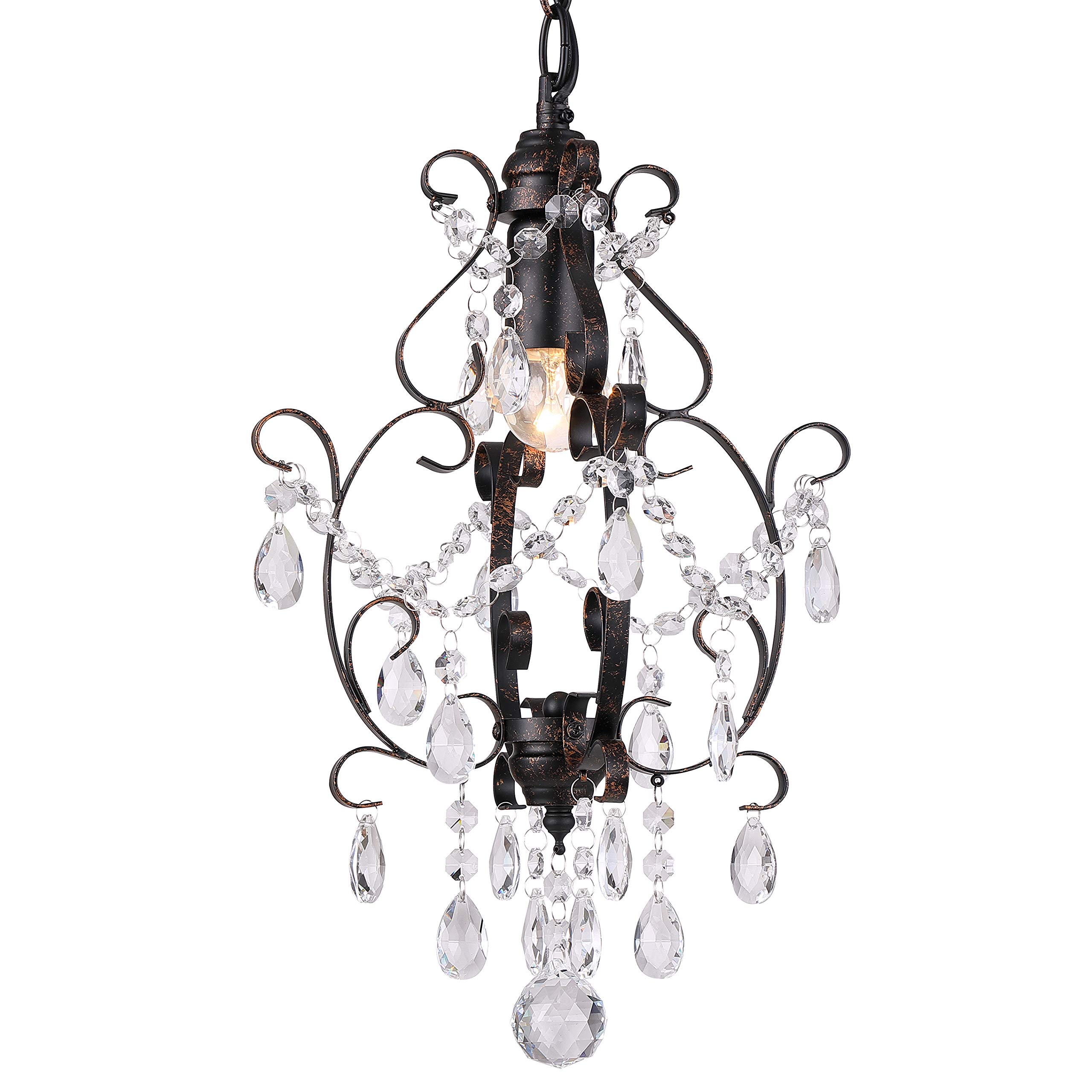Mini Bronze Crystal Plug-in Chandelier - 1-Light Hanging Fixture with 14.27 Ft Cord & On/Off Switch for Bedroom, Dining Room, Living Room | Elegant Lighting for Home Decor, Weddings & Special Events