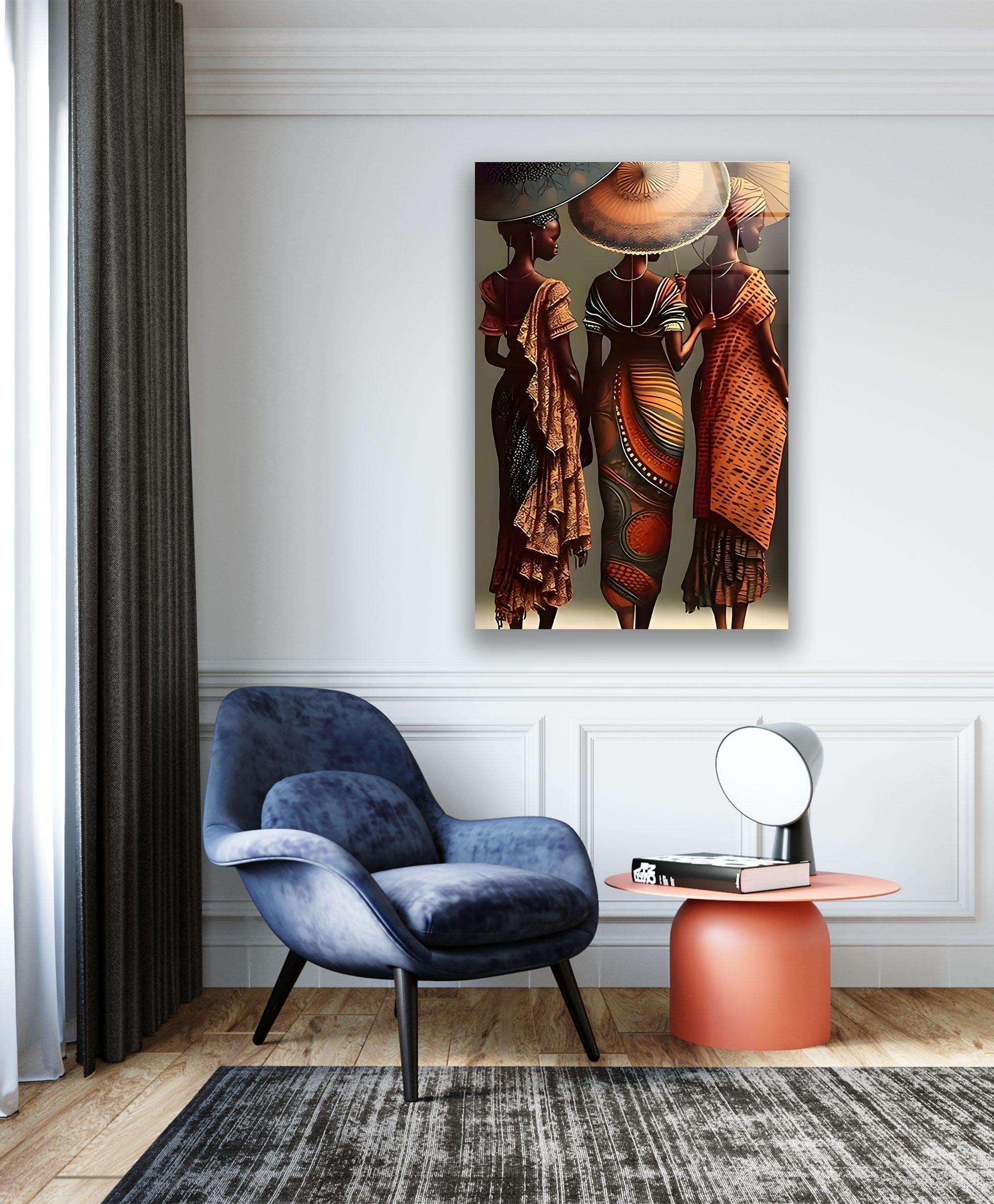 African Woman with Umbrella Glass Wall Art - Elegant Home Decor for Living Room, Bedroom & Office - Unique Handmade African Artwork for Wall Display