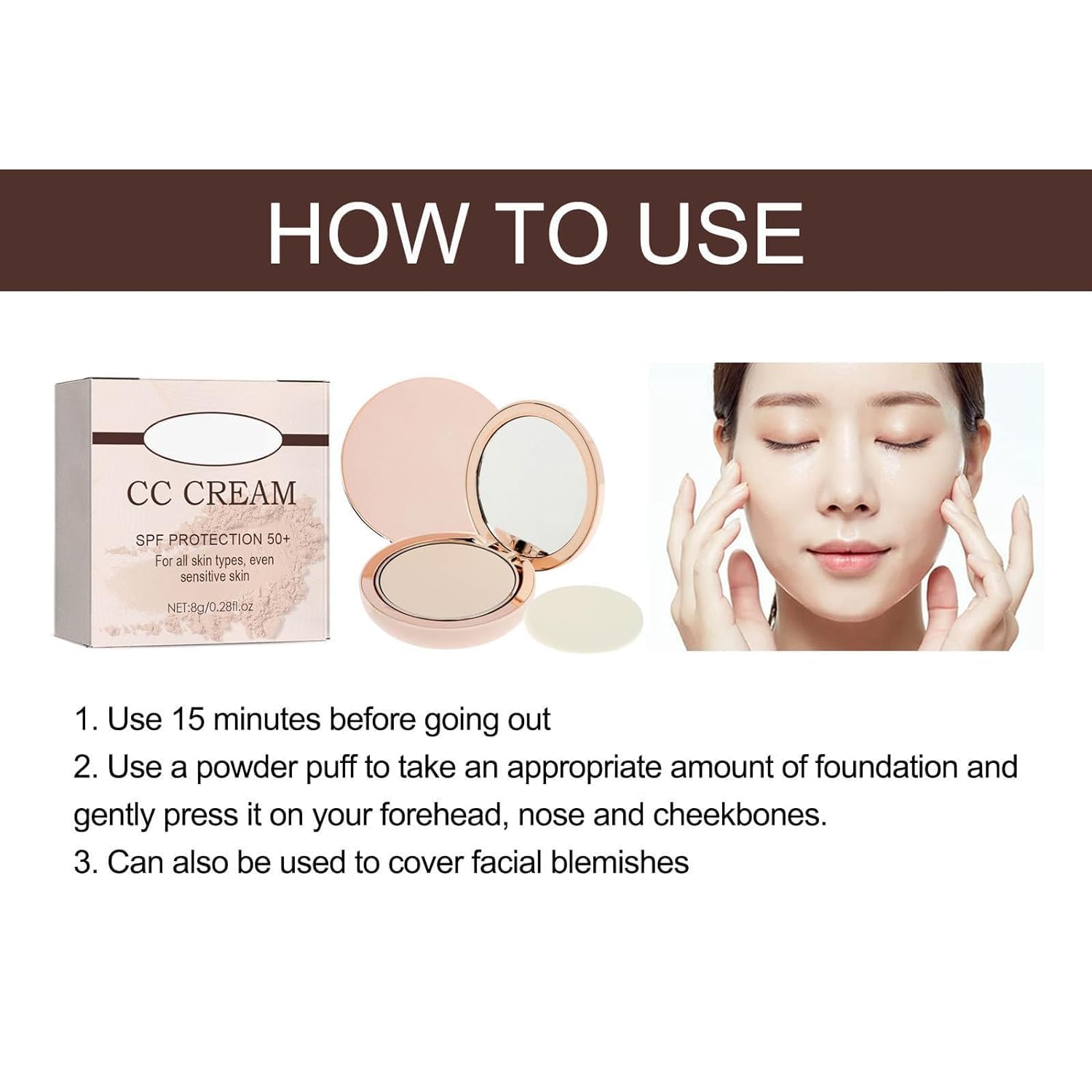 CC Cream Compact SPF 50+ with Mirror - Long Lasting Waterproof & Sweat-Proof Makeup, Concealer & Setting Powder (Natural) - Perfect for Daily Wear, Travel & Touch-Ups
