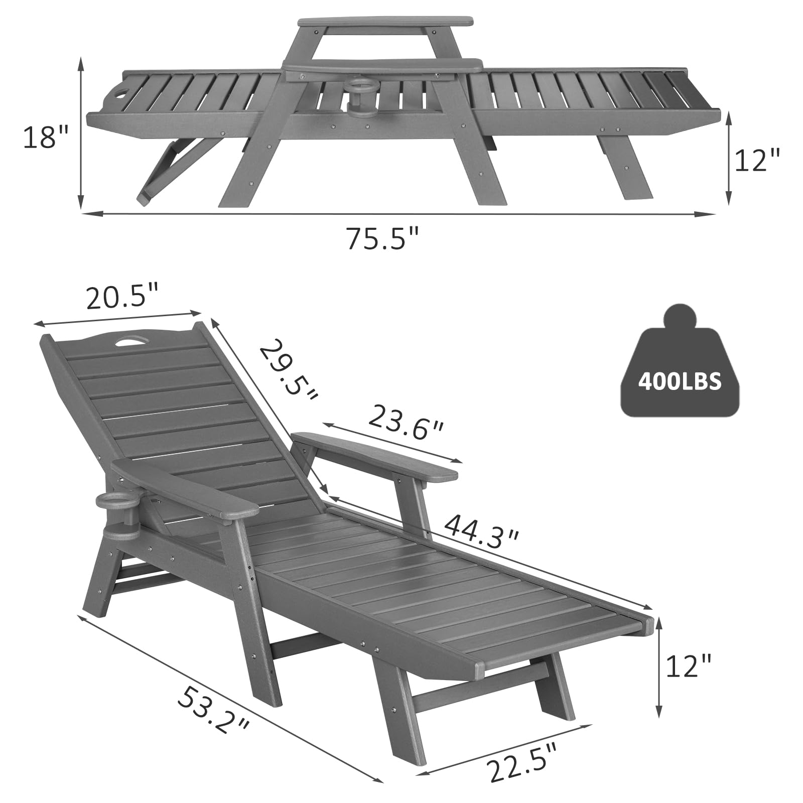 2-Pack Nalone HDPE Outdoor Chaise Lounge Chairs with 5-Position Adjustable Backrest - 400lb Weight Capacity - Grey Patio Poolside Deck Beach Lounge Chairs for Backyard, Resort & Vacation Homes