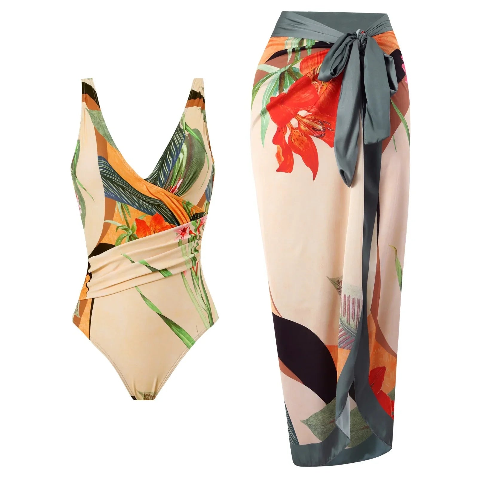 Elegant Blue Leaf Printed One Piece Swimsuit for Women - High Waisted Tummy Control Swimwear with Halter Neck | Perfect for Beach Vacations, Pool Parties & Summer Getaways