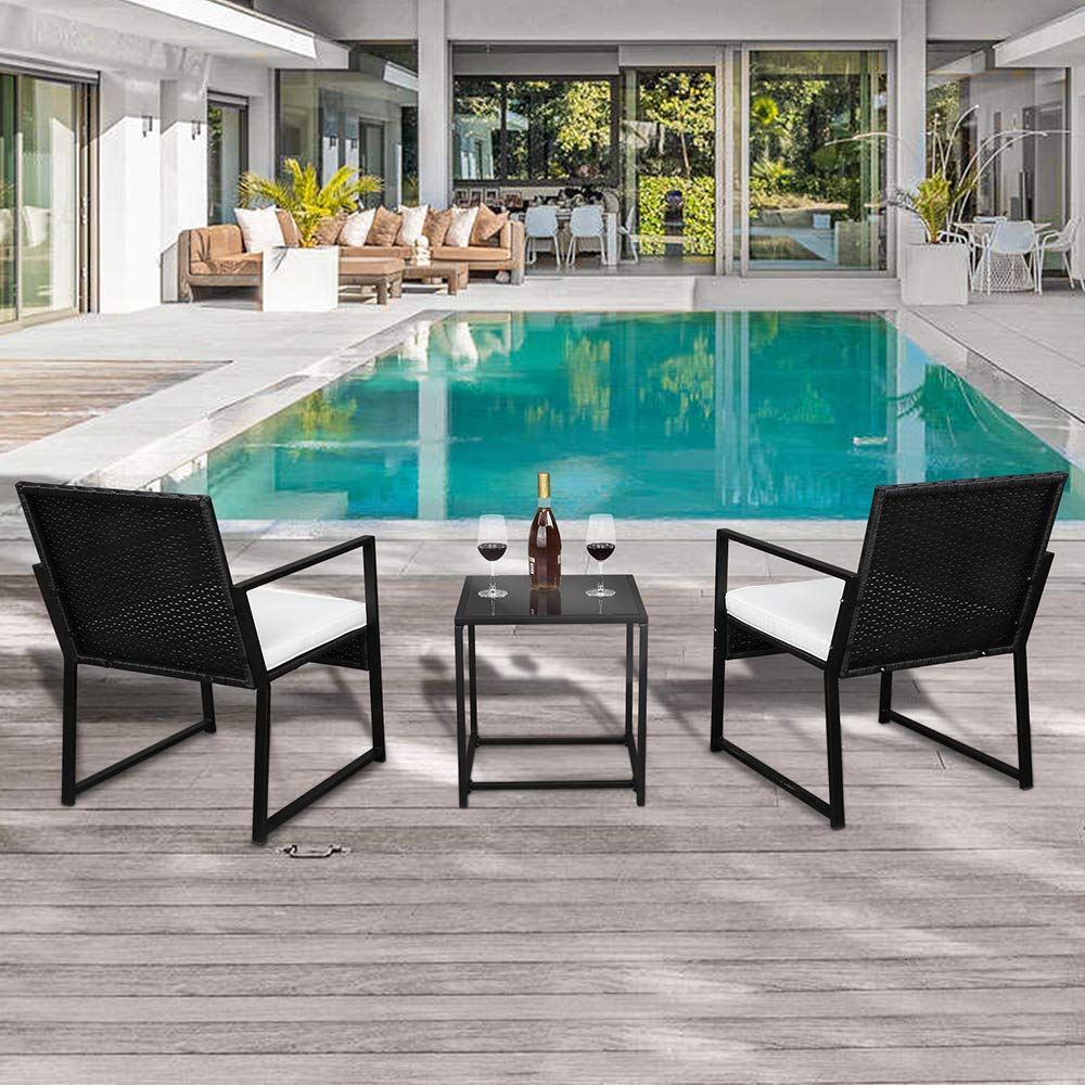 3-Piece Outdoor Patio Furniture Set - Portable Rattan Table & Chairs with Cushions - Perfect for Backyard, Garden, Balcony, Poolside & Porch - Black Conversation Set for Relaxing & Entertaining