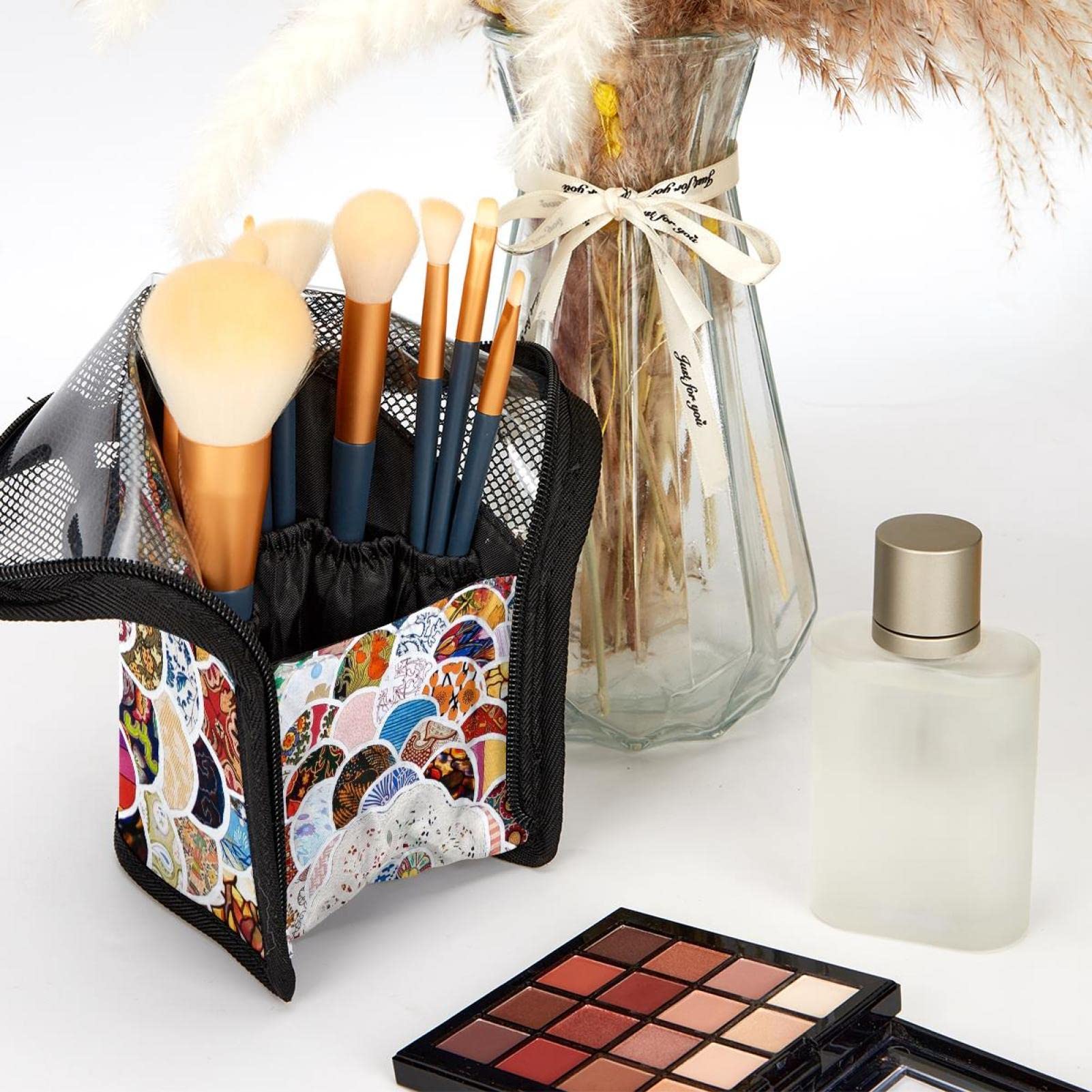 Premium Makeup Brush Organizer Bag with 12 Brushes - Abstract Mandala Flower Design - Portable Cosmetic Brush Holder Case for Travel, Home Vanity & Professional Makeup Artists