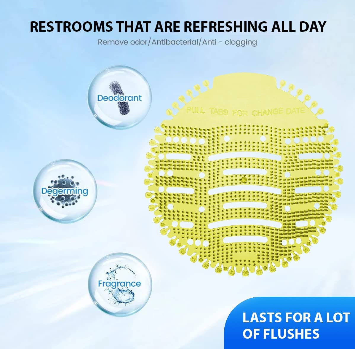 Zureni Scented Urinal Screen - 5 Pack Anti-Splash Toilet Deodorizer with Air Freshener for Men's Restroom (Pine, Lemon, Orange, Natural Breeze Fragrance) - Bathroom Odor Control & Splash Protection for Home, Office & Public Restrooms