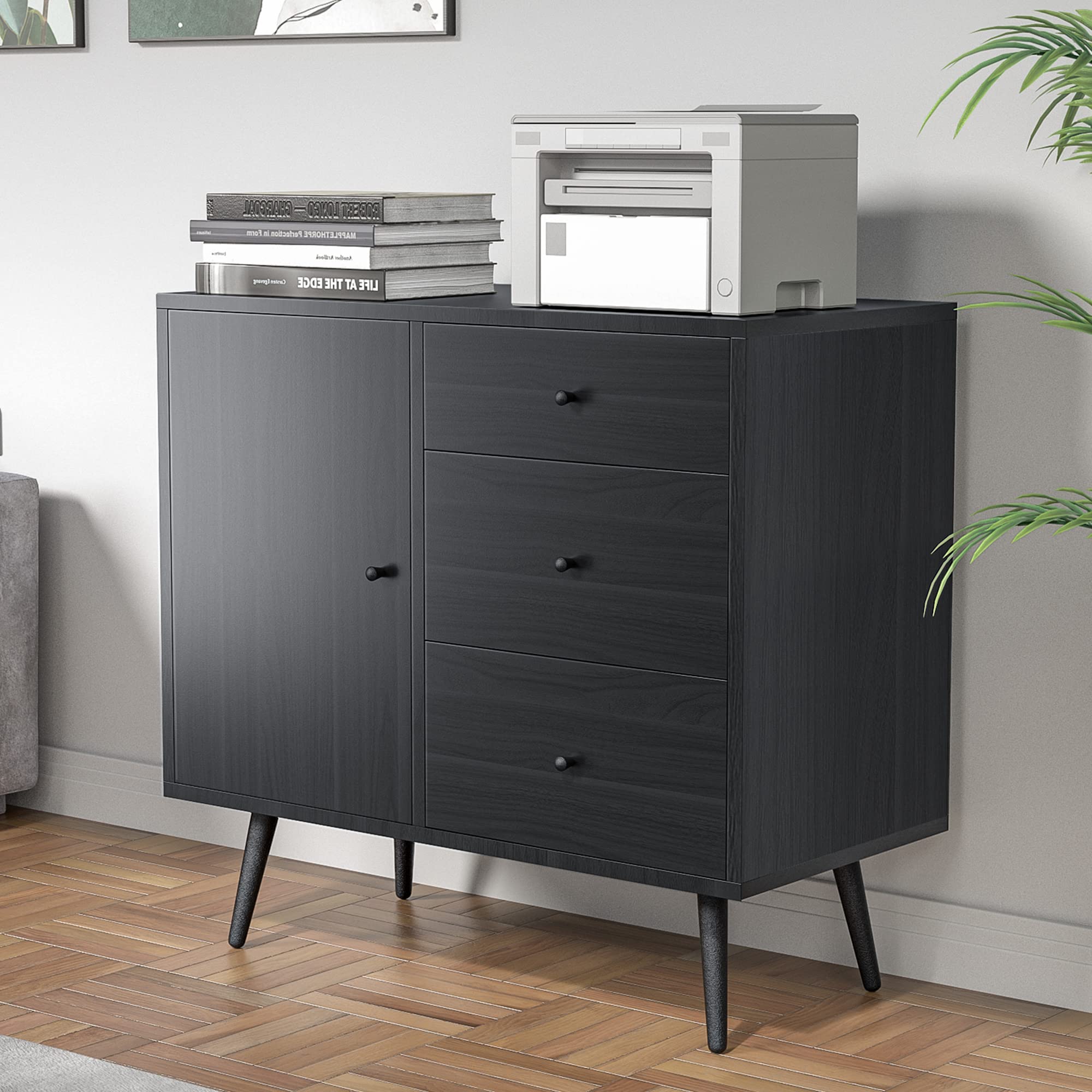 Cozy Castle Wood Storage Cabinet - Free Standing Kitchen & Dining Room Buffet Sideboard with 3 Drawers - Black - Perfect for Home Organization & Entertaining