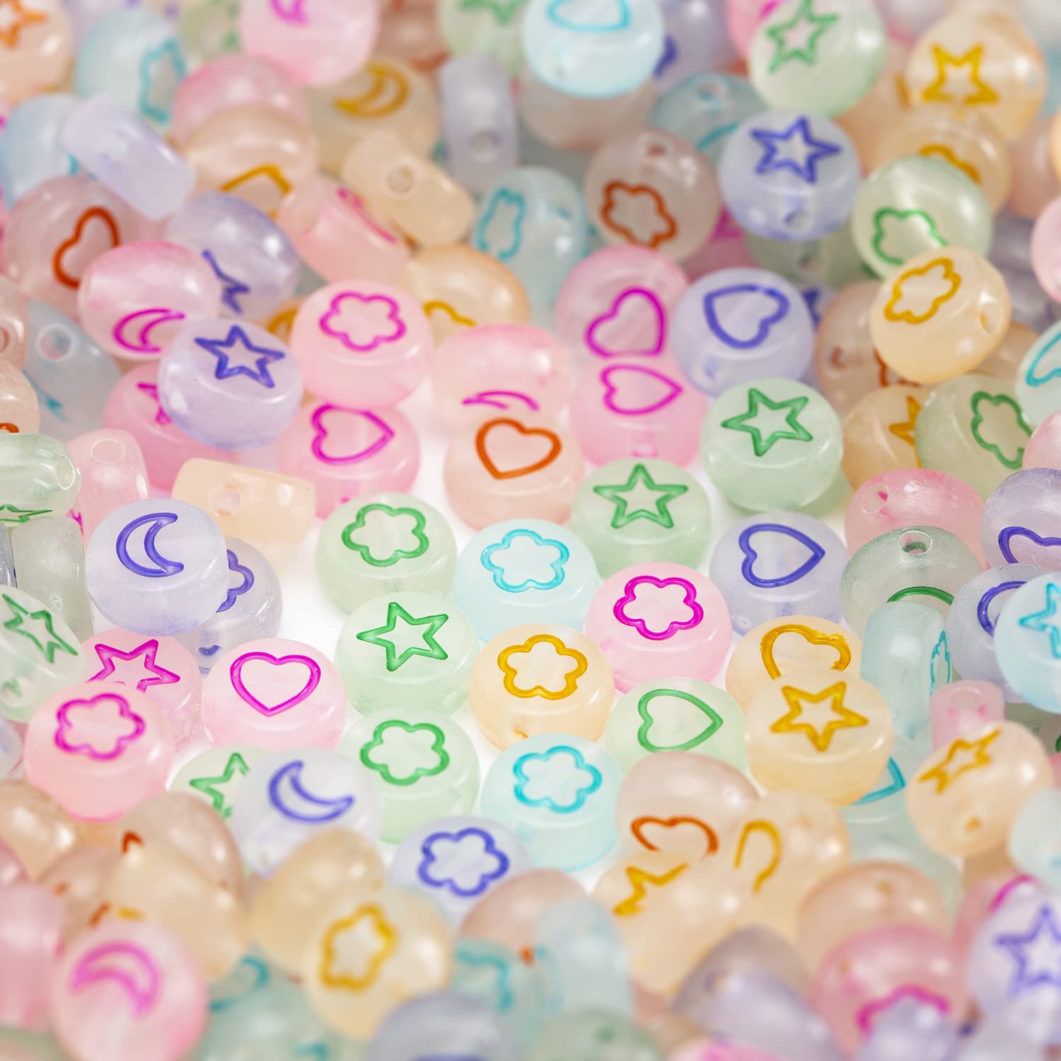 500 Pcs Glow in The Dark Acrylic Beads - Stars, Moon, Hearts & Petals for DIY Jewelry Making, Bracelets & Necklaces - Perfect for Kids Crafts, Party Favors & Nighttime Decor