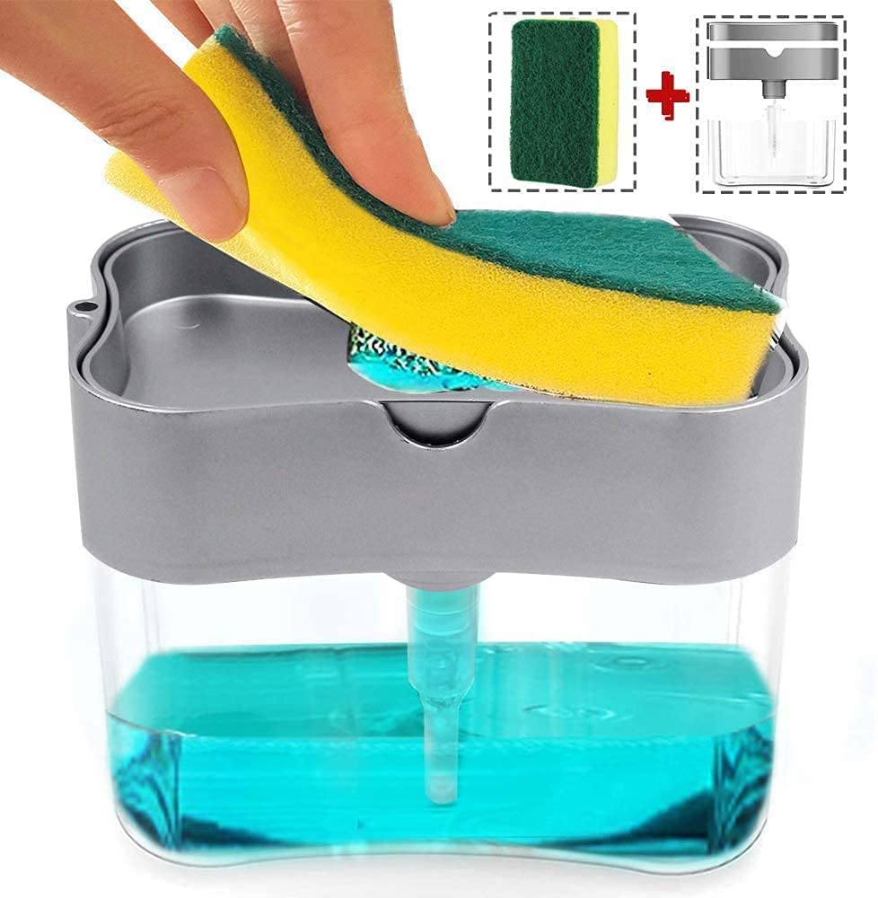 EKESHVAR 2-in-1 Pump Dispenser and Sponge Holder with Cleaning Sponge - Kitchen Sink Soap Dispenser for Dishwashing Liquid | Perfect for Kitchen Organization & Dish Cleaning Tasks