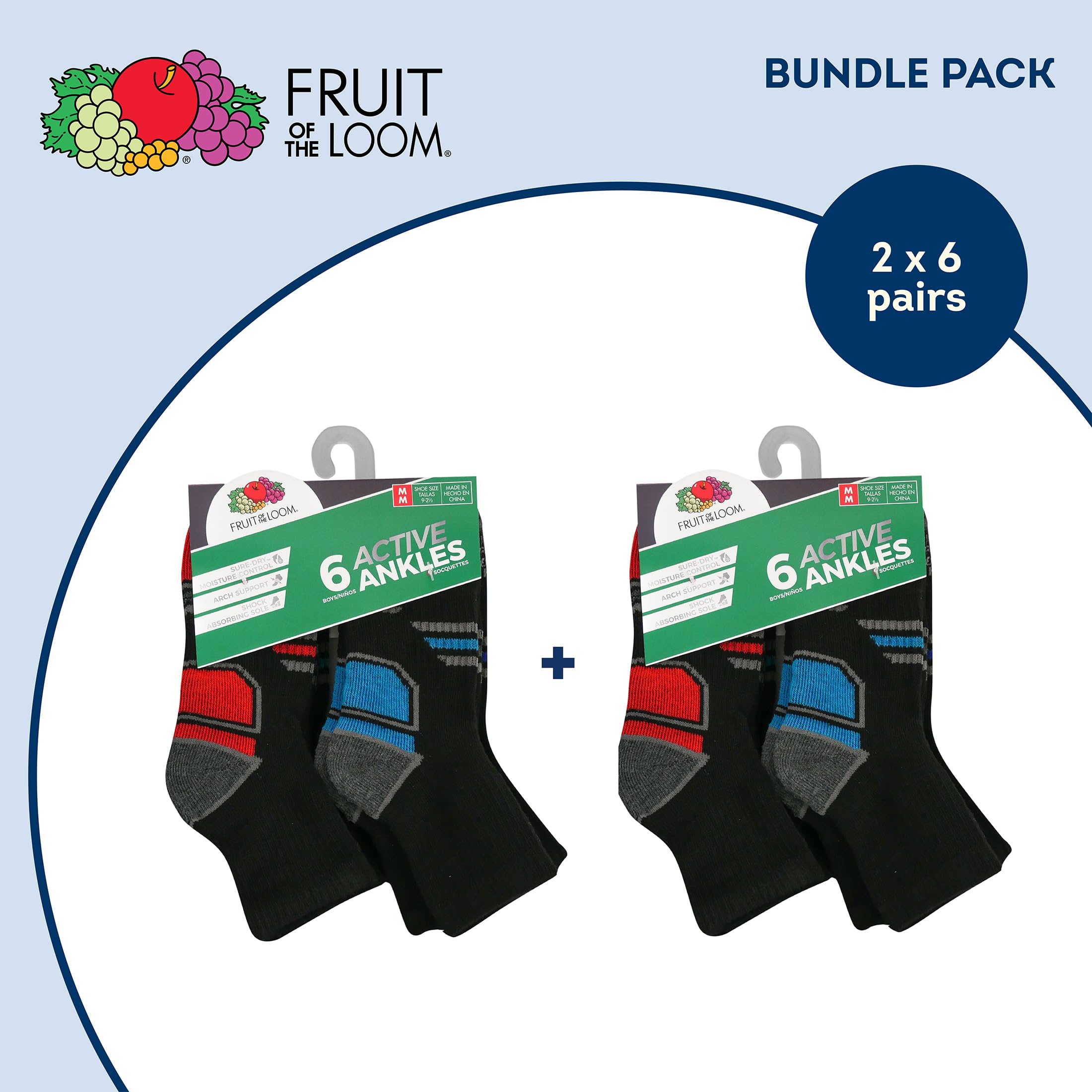 Fruit of the Loom Boys' Everyday Active Crew Socks 12-Pack - Soft Cotton Athletic Socks for Kids, School, Sports & Daily Wear - Comfortable & Durable Socks for Boys