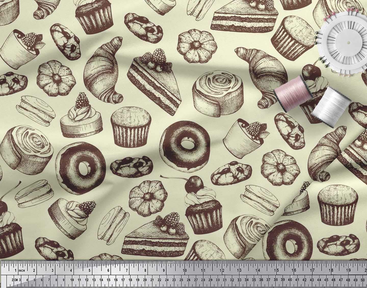 Soimoi 42 Inch Wide Poly Georgette Yellow Fabric by The Yard - Cupcake, Donut & Cookies Food Print for DIY Crafts, Quilting, Dressmaking & Home Decor Projects - Whimsical & Delightful Printed Fabric