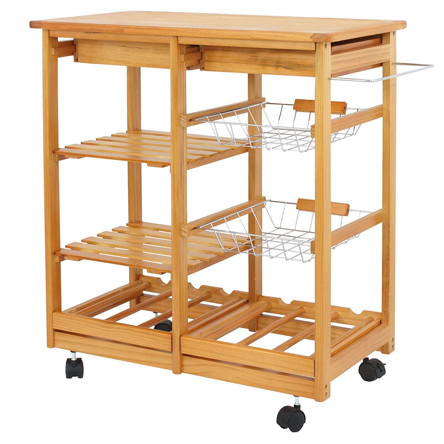 HomGarden Wooden Rolling Kitchen Island Cart with Drawer, Shelves & Basket - Mobile Storage Stand for Microwave, Dining & Countertop - Perfect for Small Kitchens, Apartments & Food Prep Areas