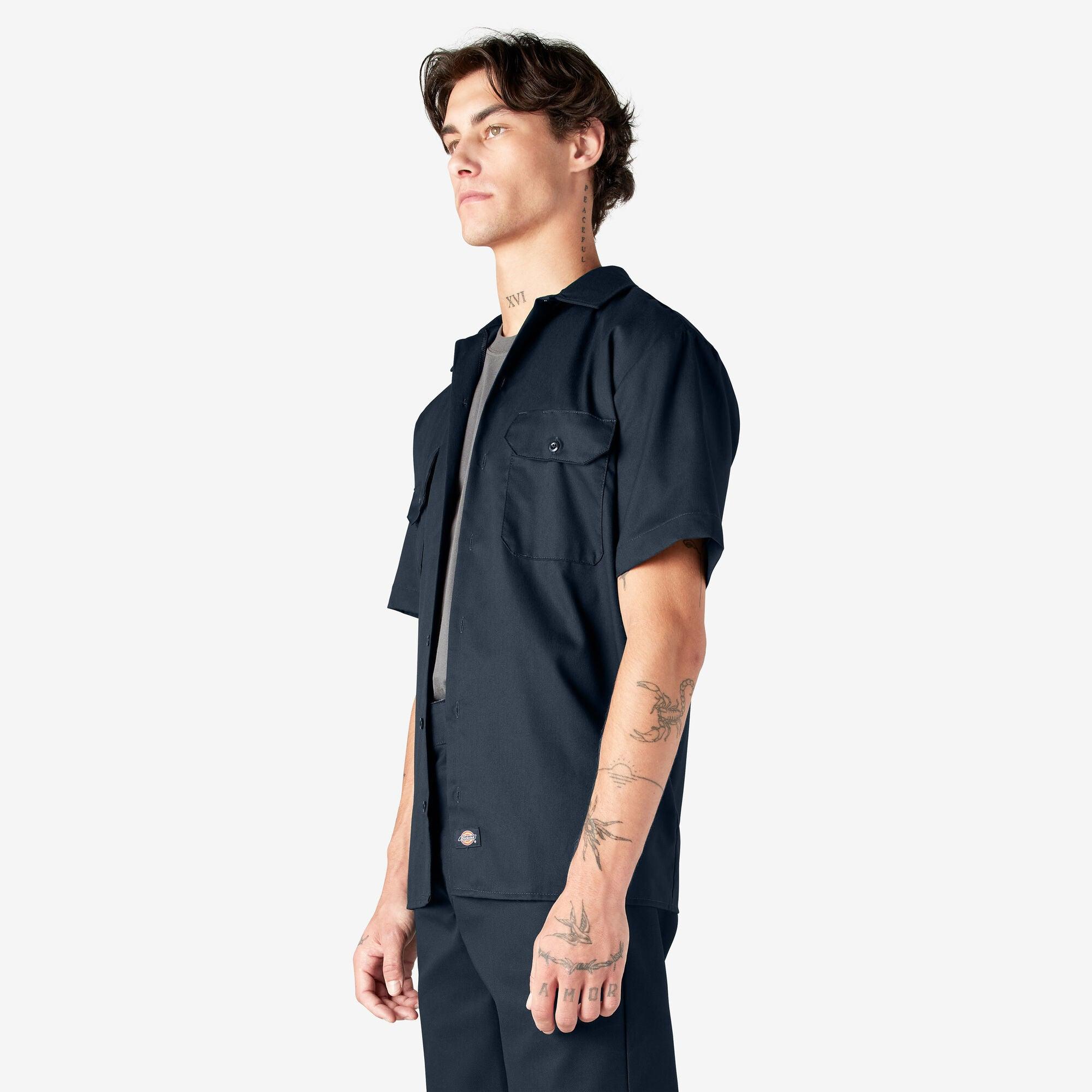 Men's Short Sleeve Work Shirt - Dark Navy Blue Cotton Button Down Shirt for Construction, Landscaping & Outdoor Work