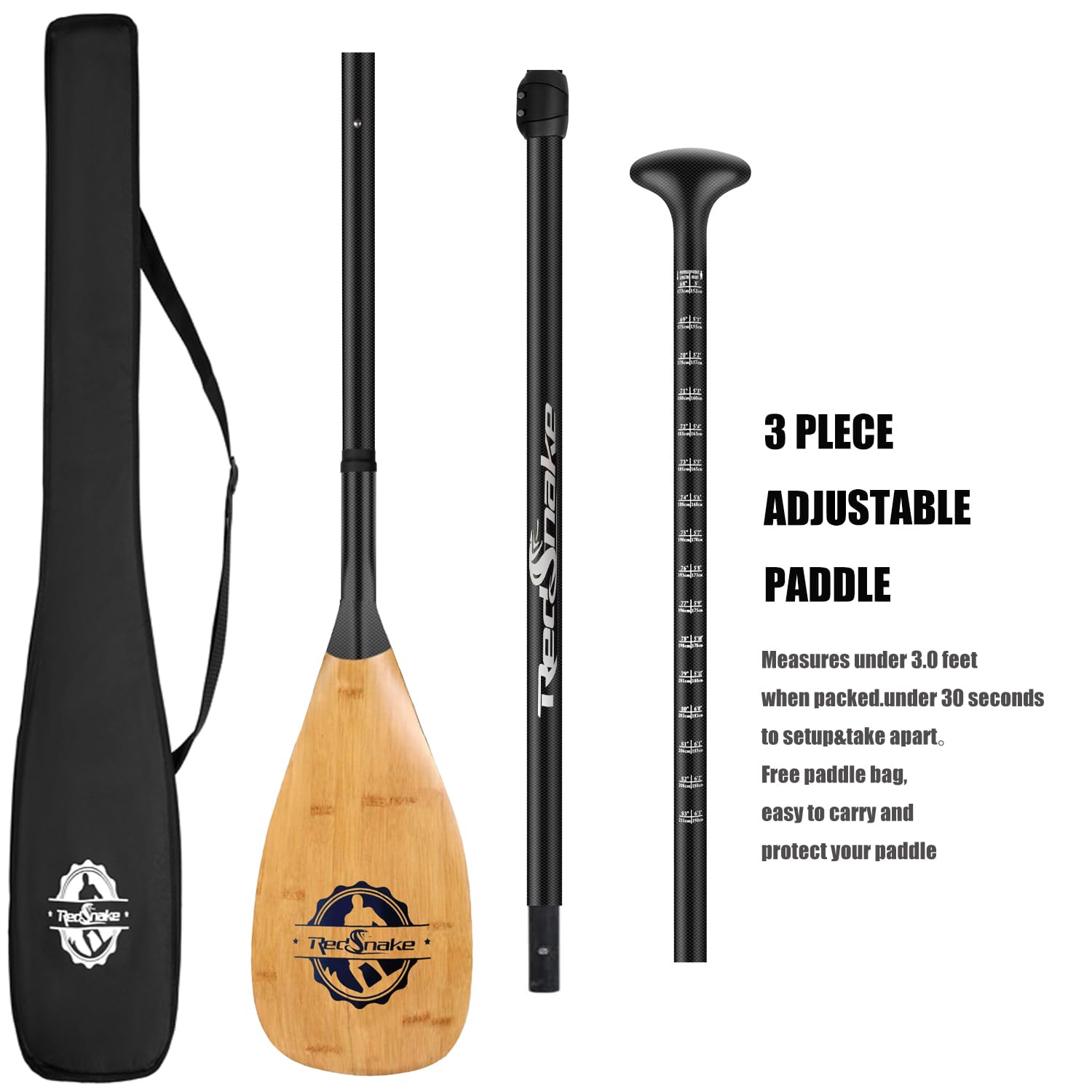 Premium RedSnake Carbon Fiber Stand Up Paddleboard Paddle - 3-Piece Adjustable SUP Oar with Carbon Fiber Blade & Imitation Bamboo Design - Includes Carry Backpack - Perfect for Kayaking, Surfing & Outdoor Water Sports