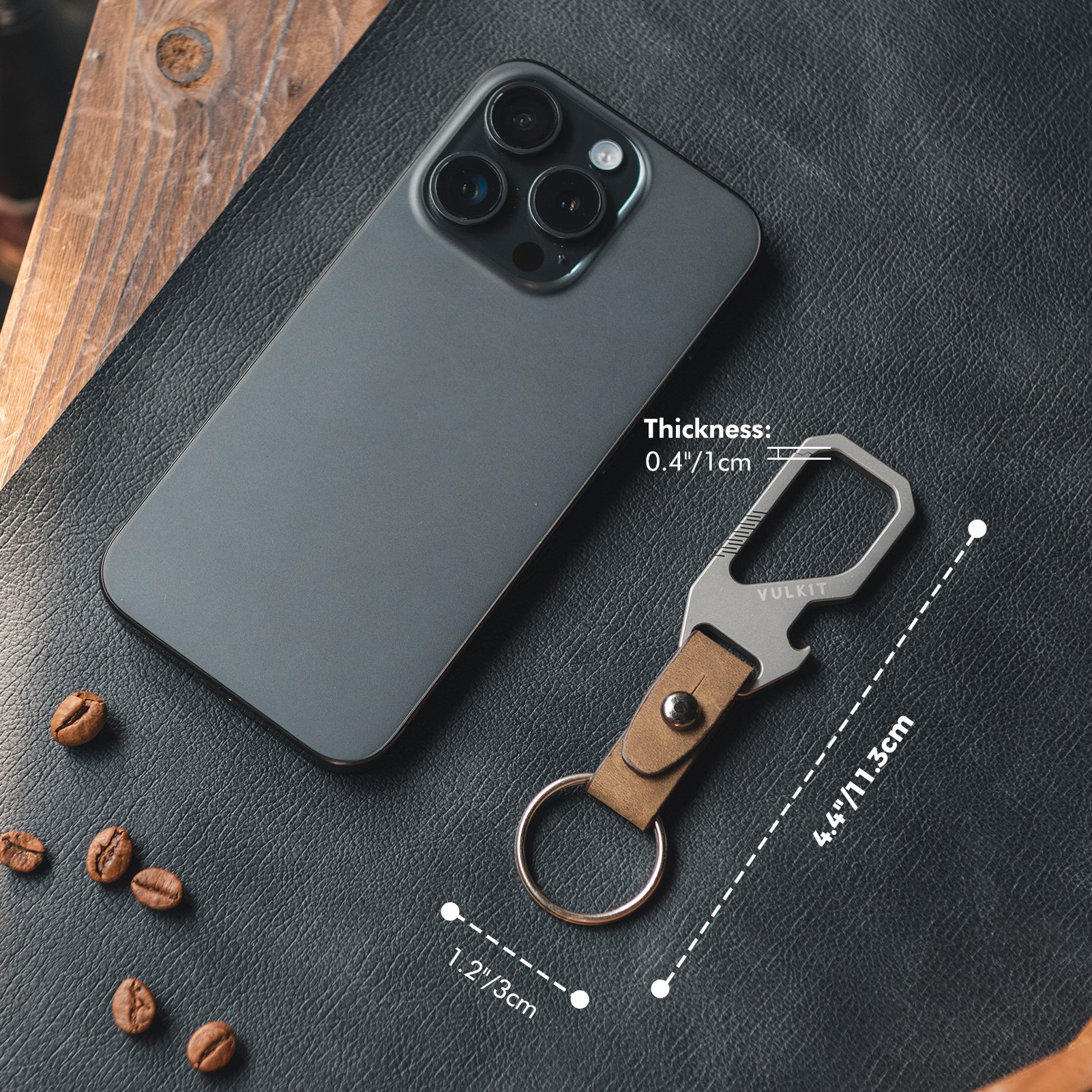 VKC100 Titanium Leather Belt Loop Keychain with Bottle Opener & EDC Carabiner Key Ring - Durable Multi-Tool for Outdoor, Hiking, Camping & Everyday Carry (EDC) Accessories