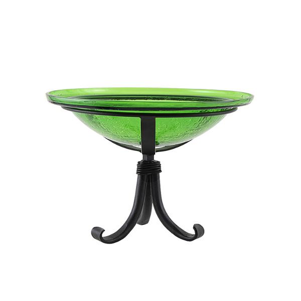 Fern Green Crackle Glass Birdbath Bowl for Garden Decor - Handmade Outdoor Bird Feeder with Crackled Texture, Perfect for Attracting Birds to Your Backyard or Patio