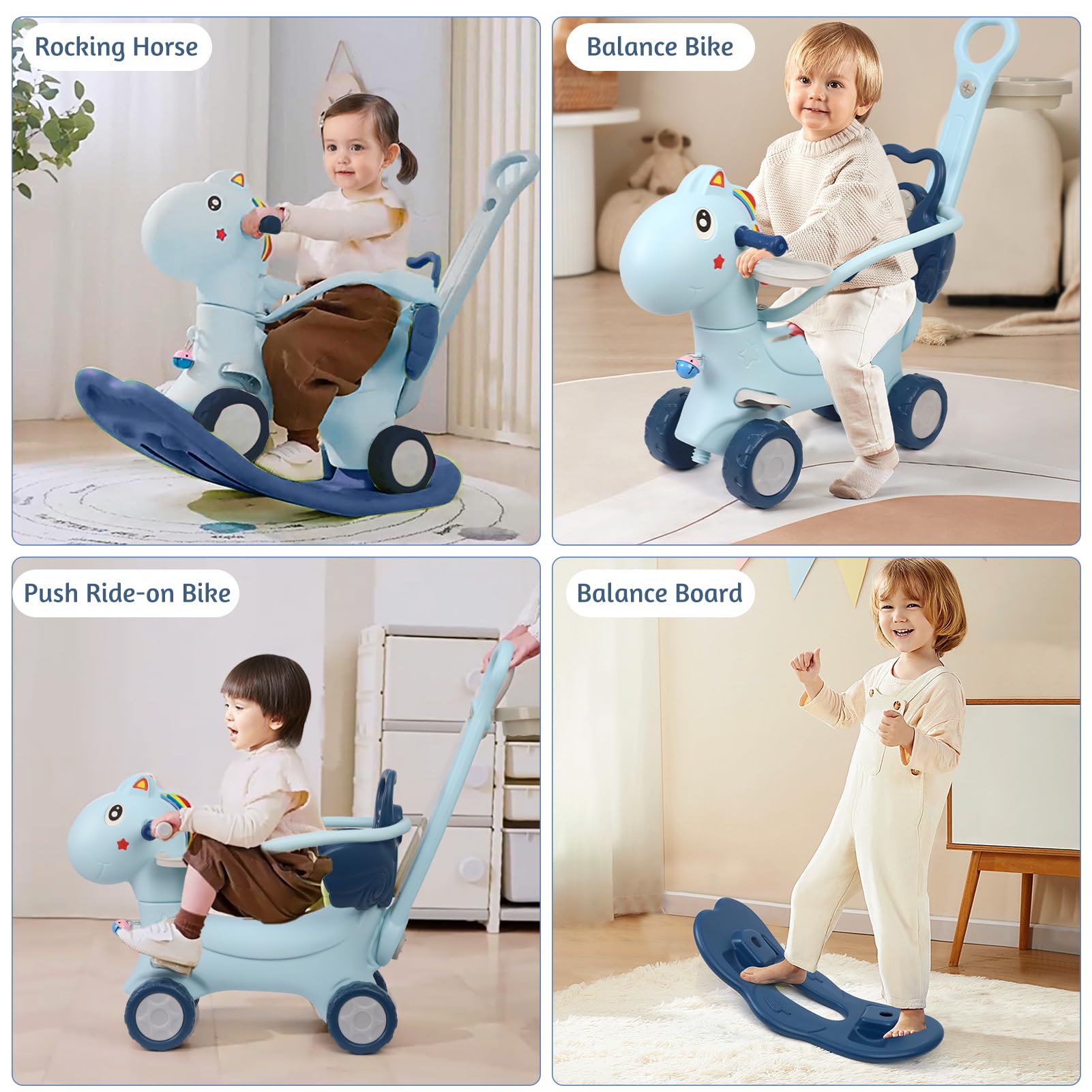 **4-in-1 Rocking Horse & Balance Bike for Toddlers 1-3 Years Old – Push Handle, Backrest & Balance Board – Unicorn Ride-On Toy for Boys & Girls – Perfect for Indoor Play, Birthday Gifts & Early Learning (Blue)**