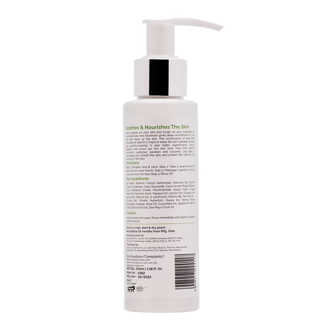 91 Ayurveda Aloe Vera Face Wash for Women & Men - 100ml Cucumber & Vitamin E Cleanser for Pimples, Dark Circles & Glowing Skin | Paraben-Free, Sulfate-Free Sensitive Skin Care | Perfect for Daily Skincare Routine & Acne-Prone Skin