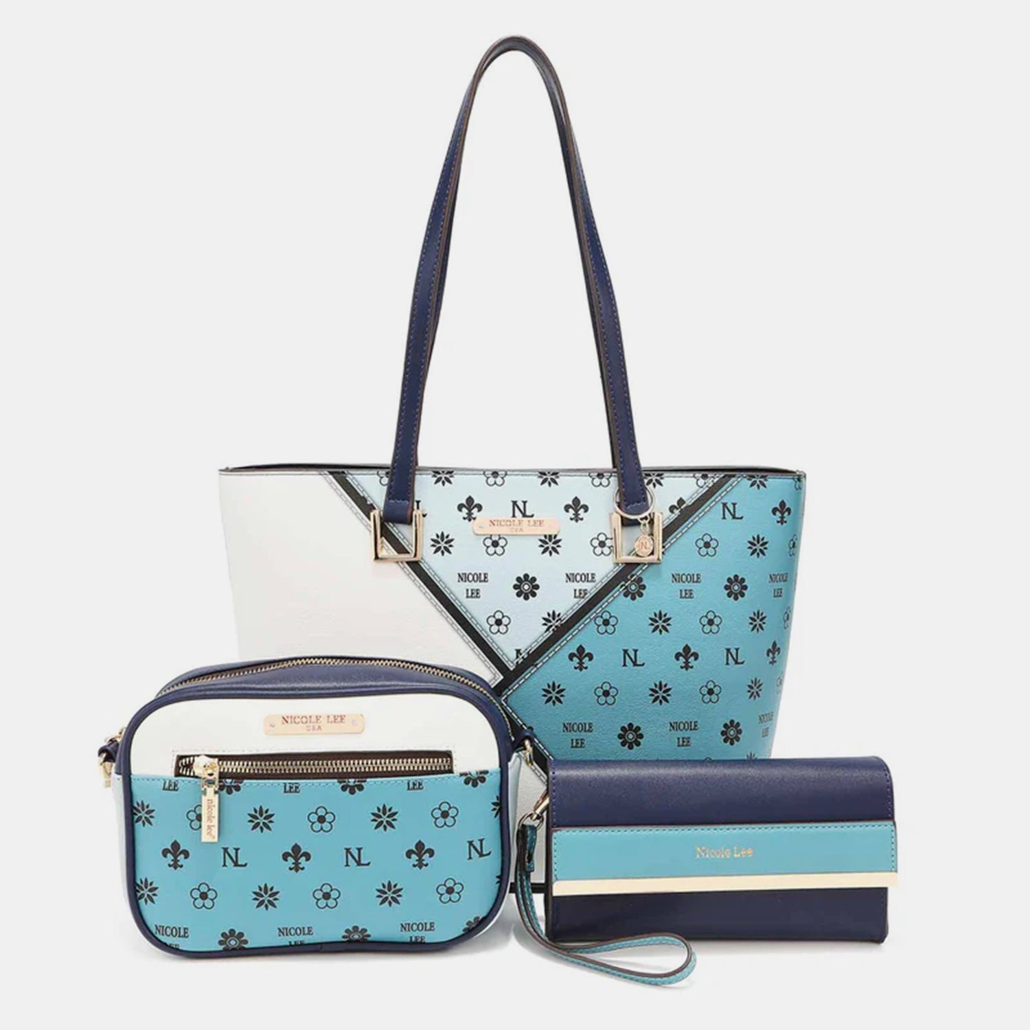 Nicole Lee USA 3 Piece Color Block Handbag Set - Trendy Women's Tote, Crossbody & Clutch Purse Combo for Work, Travel & Evening Out