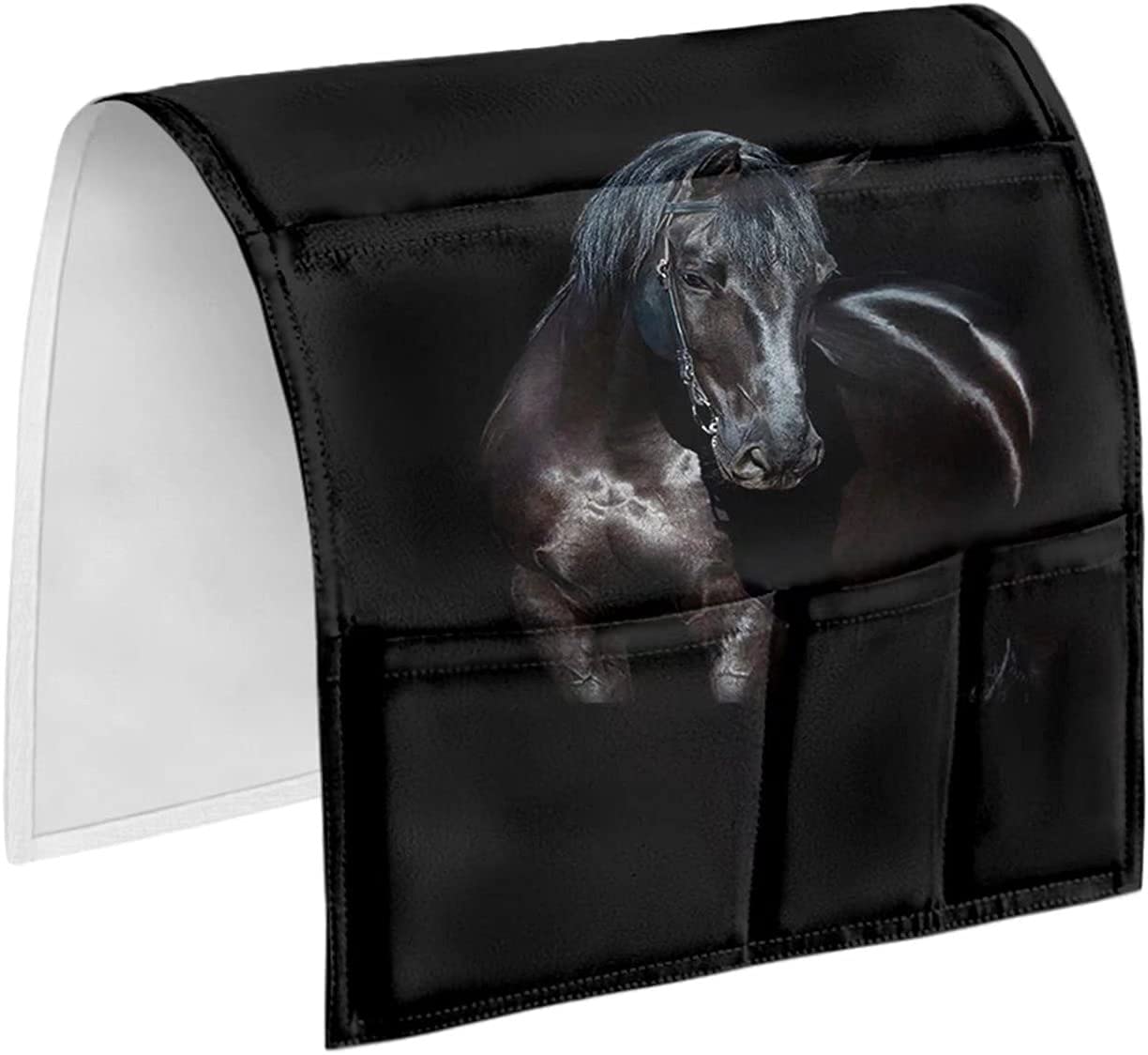 Black Horse Print Bedside Storage Organizer - Large Capacity Remote Control Holder & Armchair Caddy for Tablet, Magazine, Phone - Lightweight Sofa Armrest Bag for Living Room, Bedroom & Home Decor