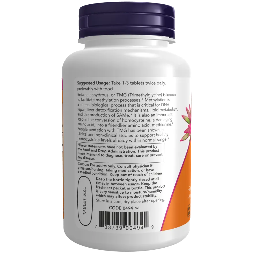 NOW TMG 1000mg Trimethylglycine (Betaine Anhydrous) Supplement - Supports Heart Health, Liver Function & Methylation - Vegan, Non-GMO (100 Capsules) - Perfect for Athletes & Active Lifestyles