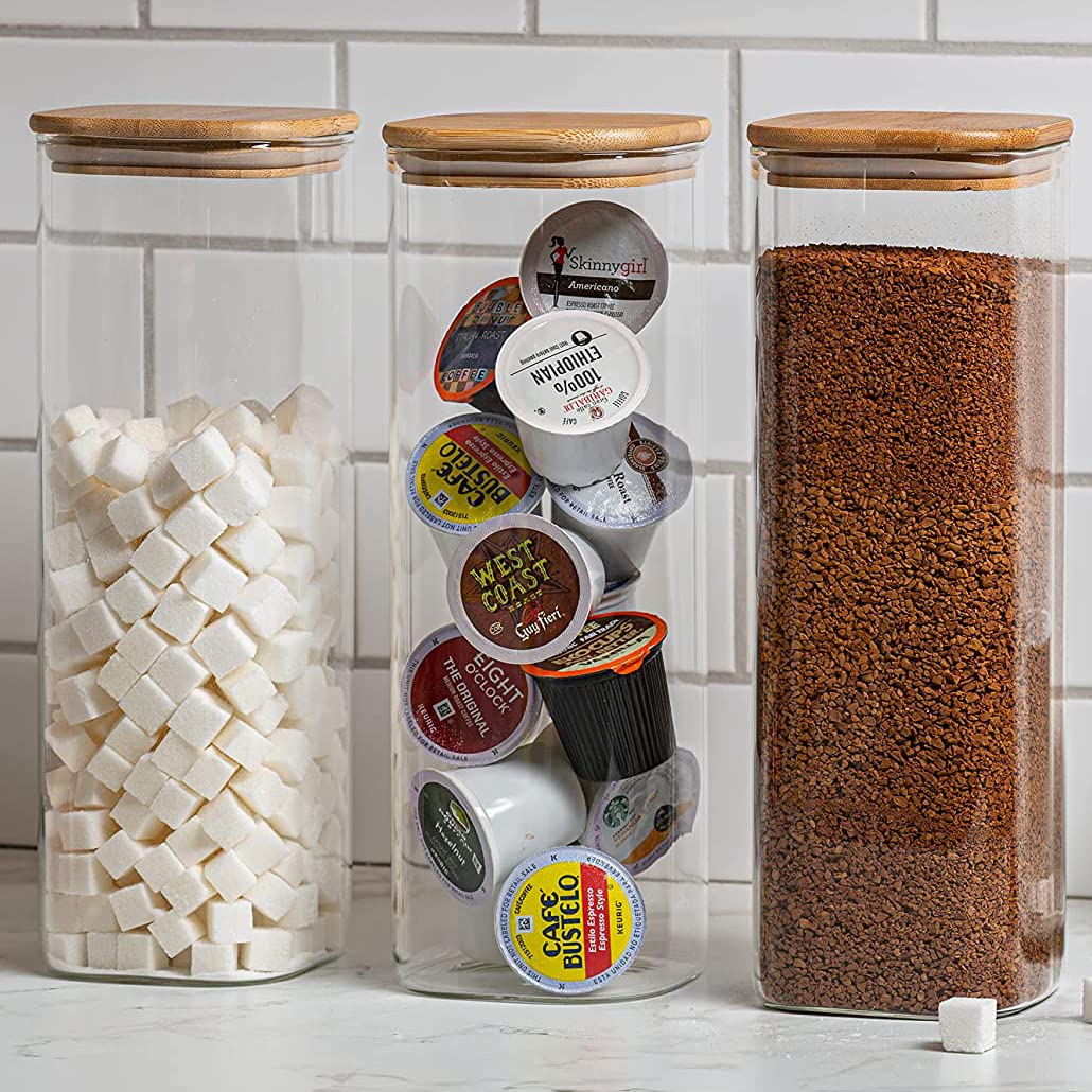 Set of 3 Airtight Glass Kitchen Canisters with Bamboo Lids - Tall Square Food Storage Jars for Candy, Cookies, Rice, Sugar, Flour, Pasta, Nuts & Spices | Perfect for Pantry Organization, Baking Supplies & Countertop Display