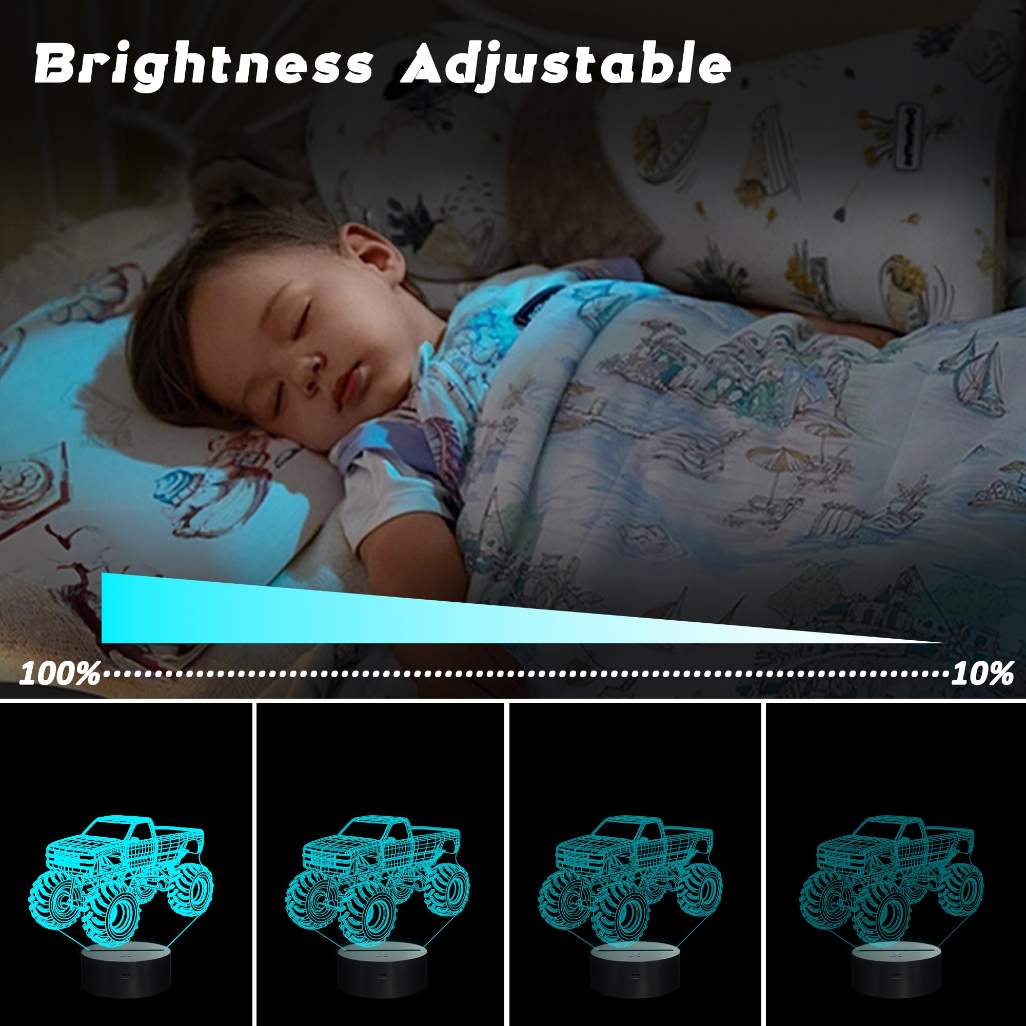 3D LED Monster Trucks Night Light with Remote Control & Timer - Cool Optical Illusion Lamp for Boys, Kids & Teens | Perfect Christmas & Birthday Gift | Bedroom Decor, Kids Room Lighting, Nighttime Comfort