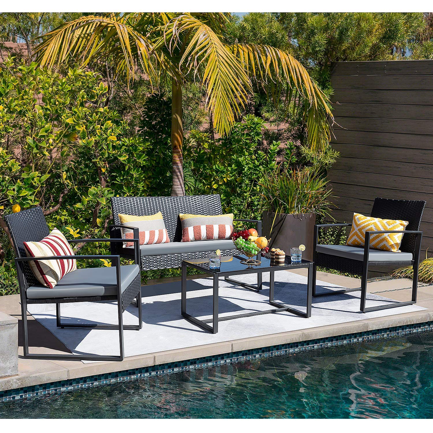 **JUMMICO 4-Piece Outdoor Patio Set - Modern Rattan Chairs with Cushions & Metal Table - Bistro Conversation Set for Garden, Balcony, Poolside (Grey) - Perfect for Relaxing, Entertaining & Outdoor Dining**