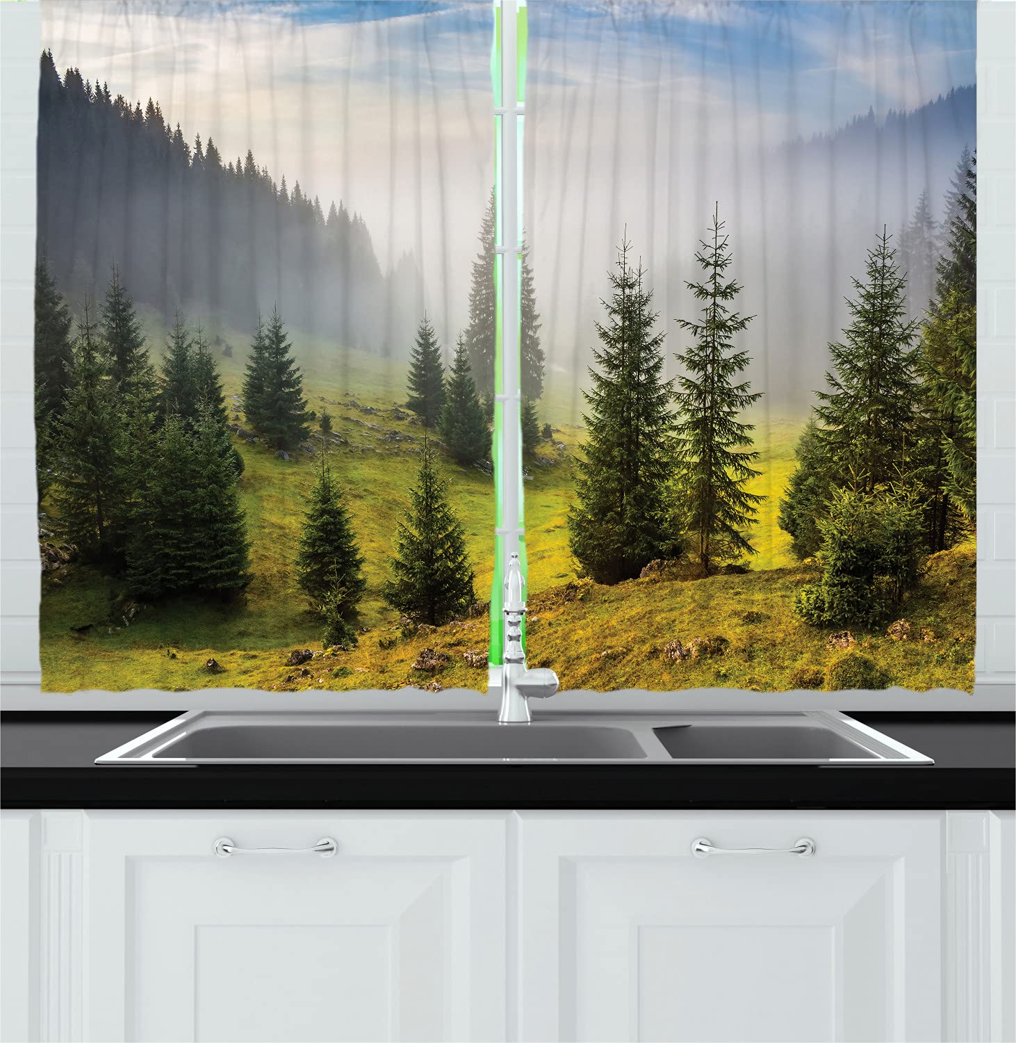 Ambesonne Forest Long Kitchen Curtains - Fir Trees Meadow Hillsides Conifer Woodland Fog Sunrise Design - 2 Panel Rod Pocket Drapes 55