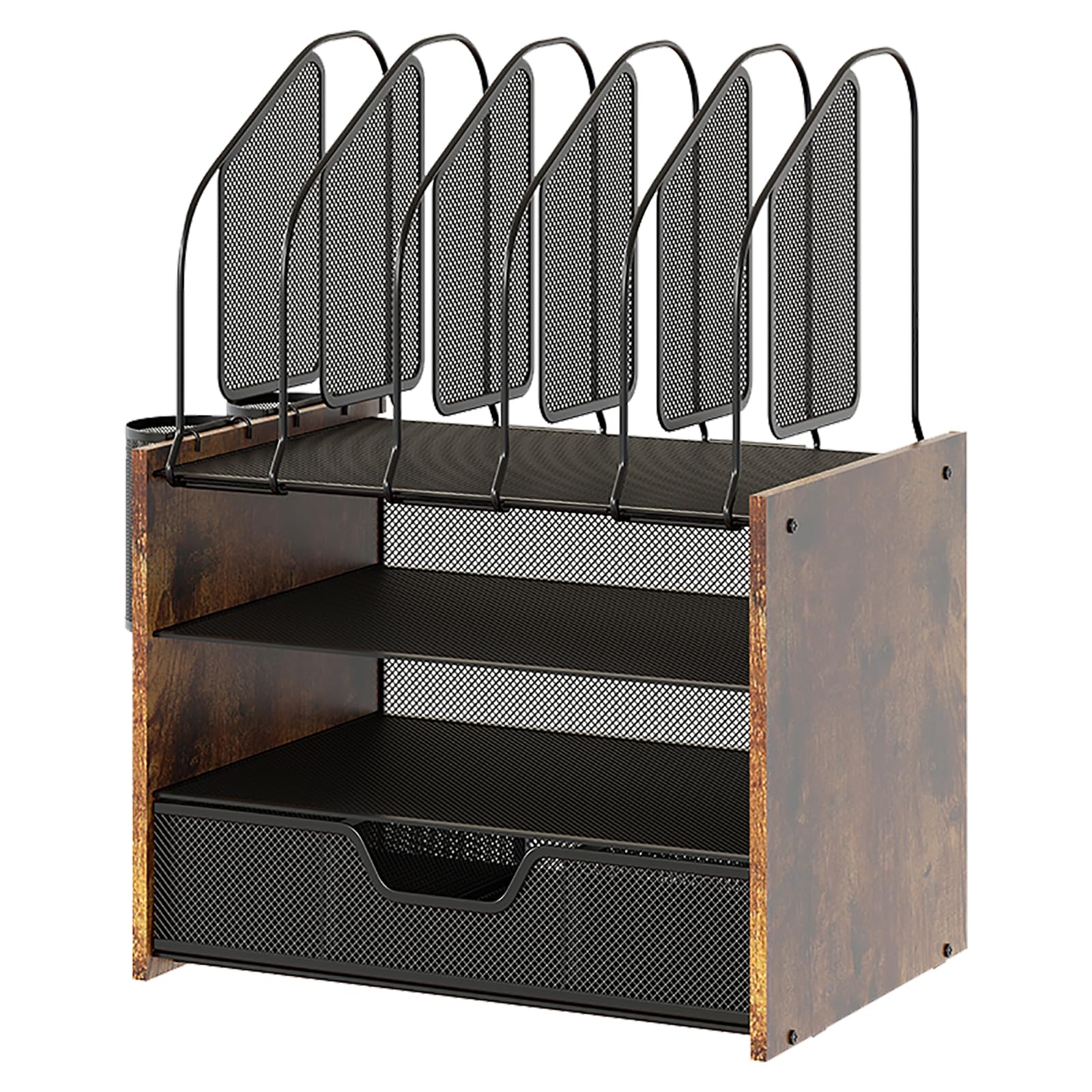 4-Tier Wooden Desk Organizer with Drawer, Paper Tray, Letter Tray & Vertical File Holder - Includes 2 Pencil Holders for Office, Home & School Organization