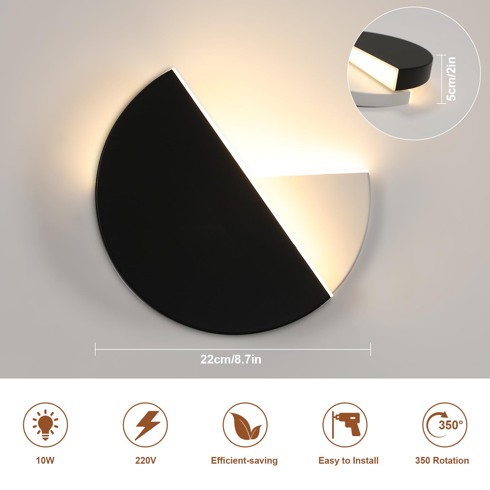 Dorlink 10W LED Swiveling Wall Light - Modern Round Ceiling Lamp, 3000K Warm White for Bedroom & Living Room | Energy-Efficient Indoor Lighting for Hallway, Staircase & Home Decor