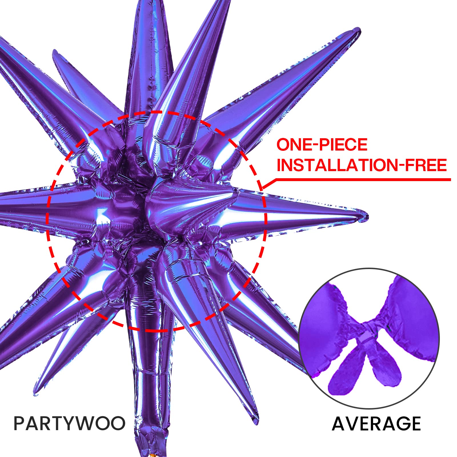 PartyWoo Purple Star Balloons 6-Pack - 14-Pointed Starburst Mylar Balloons (27 & 22 Inch) with Ribbon for Birthday, Wedding, Baby Shower Decorations - Perfect for Ceiling, Wall & Party Backdrop Displays